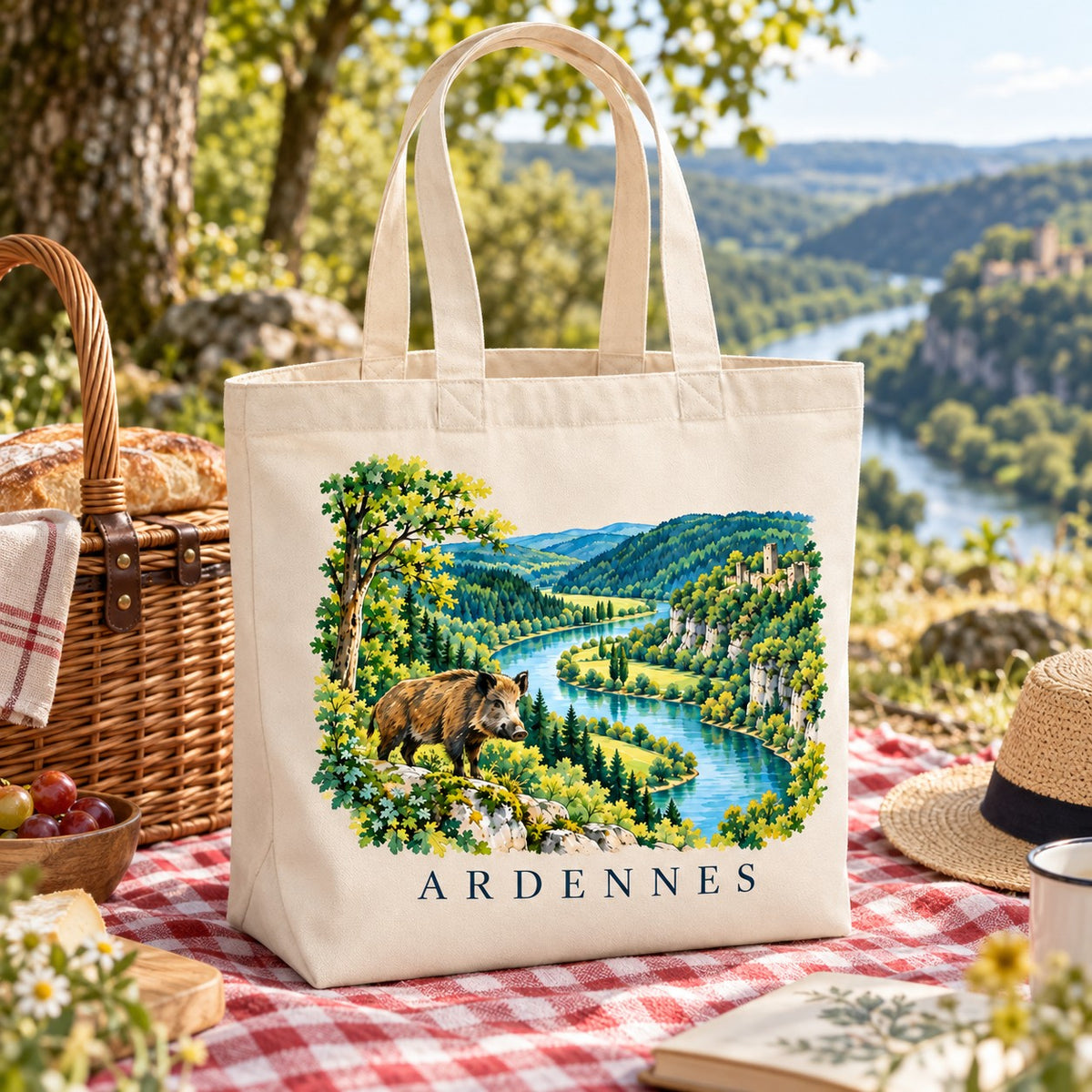 Tote bag Ardennes Premium posé sur une nappe à carreaux rouges face à la vallée, avec un panier de pique-nique