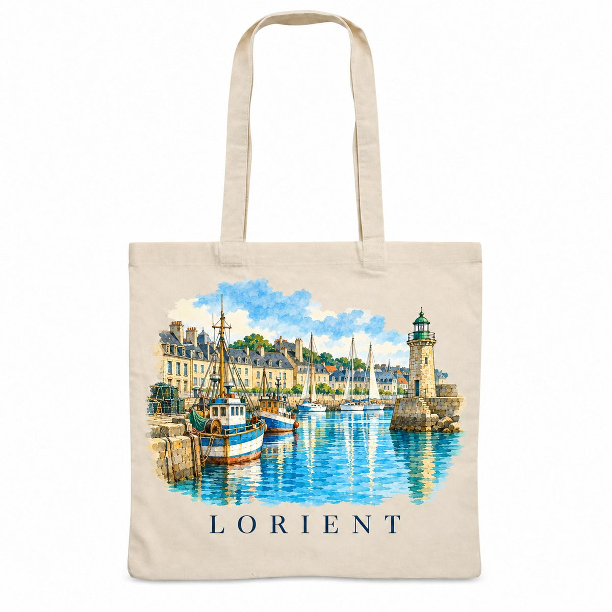 Tote bag Lorient Essentiel, sac plat en coton naturel 140 g/m² de 38 × 42 cm, illustration aquarelle du port, des chalutiers, des voiliers et d'un phare