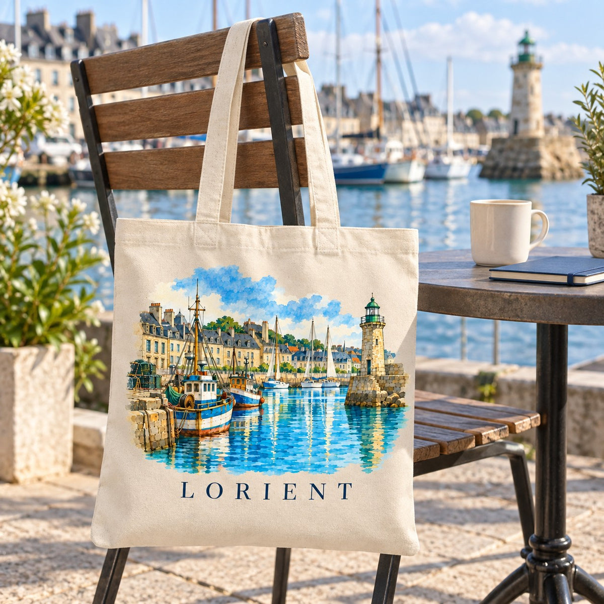 Tote bag Lorient Essentiel suspendu à une chaise de bistrot en terrasse face au port, avec un café