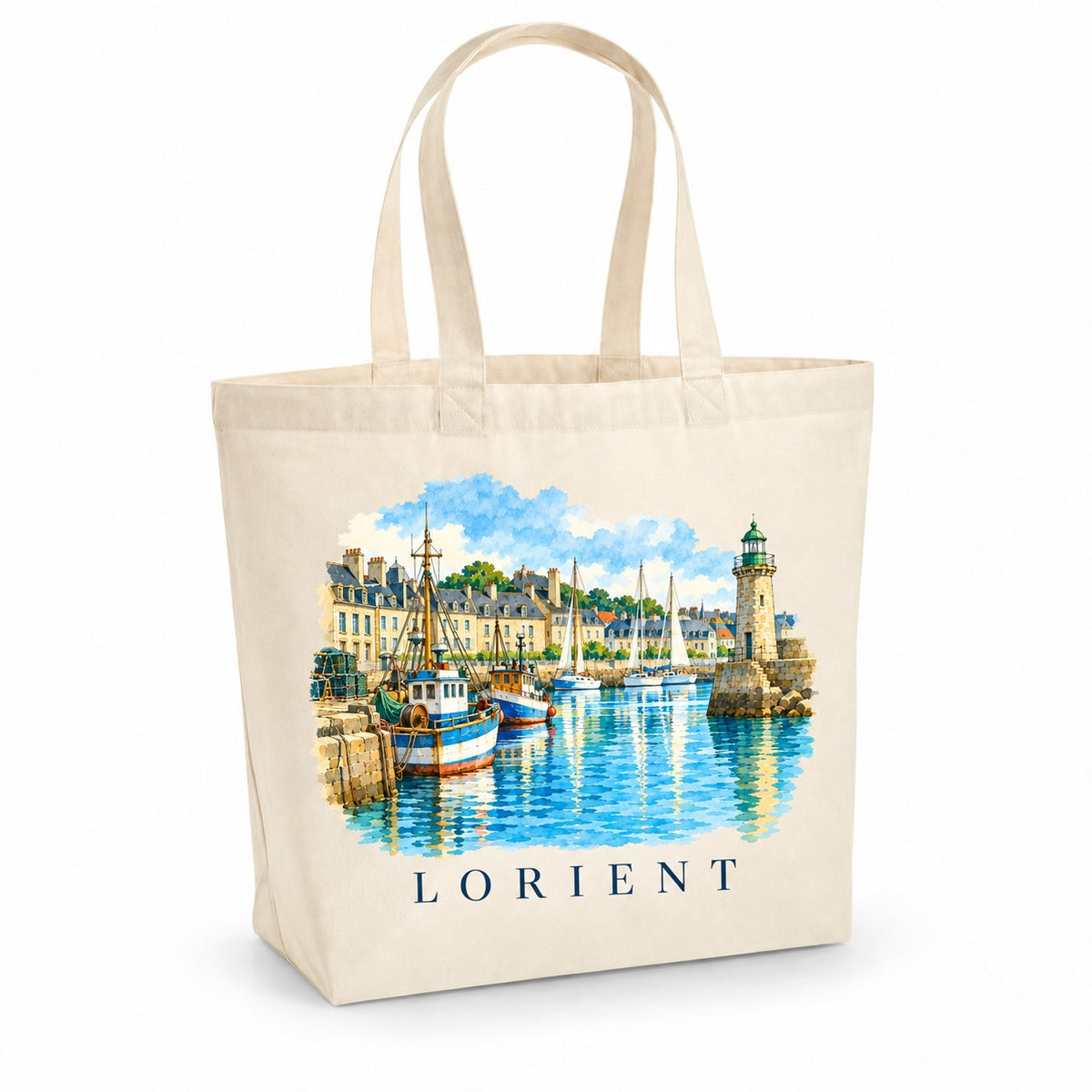 Tote bag Lorient Premium, cabas à soufflet en coton naturel 200 g/m² de 18 litres, illustration aquarelle du port, des chalutiers, des voiliers et d'un phare