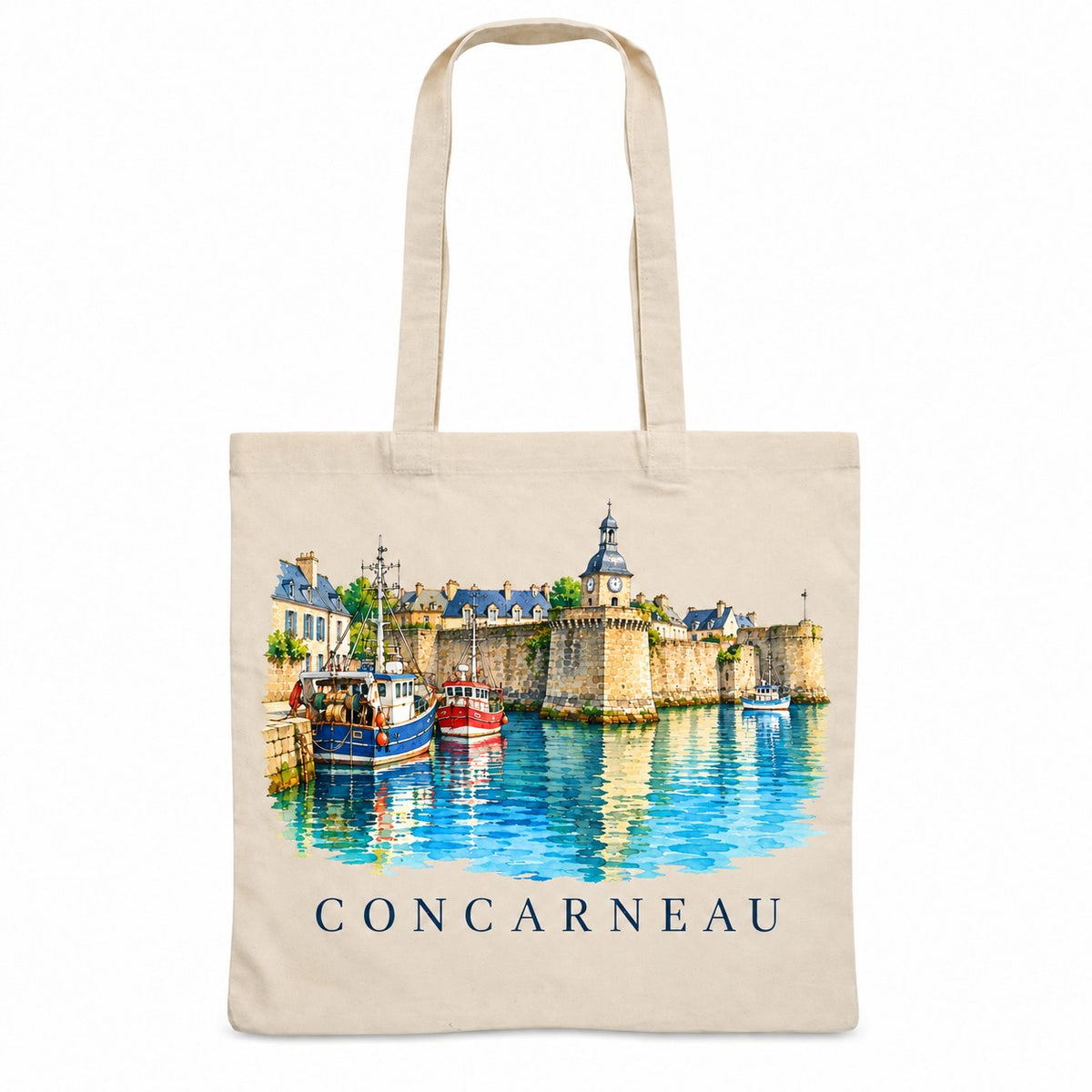 Tote bag Concarneau Essentiel, sac plat en coton naturel 140 g/m² de 38 × 42 cm, illustration aquarelle de la Ville Close, de ses remparts et des chalutiers