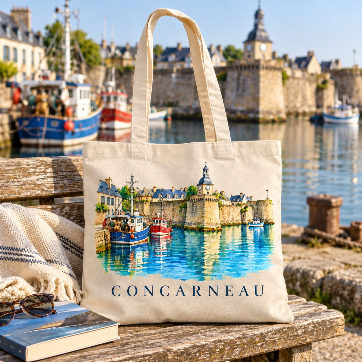 Tote bag Concarneau Essentiel posé sur un banc face aux remparts, avec un livre et des lunettes de soleil