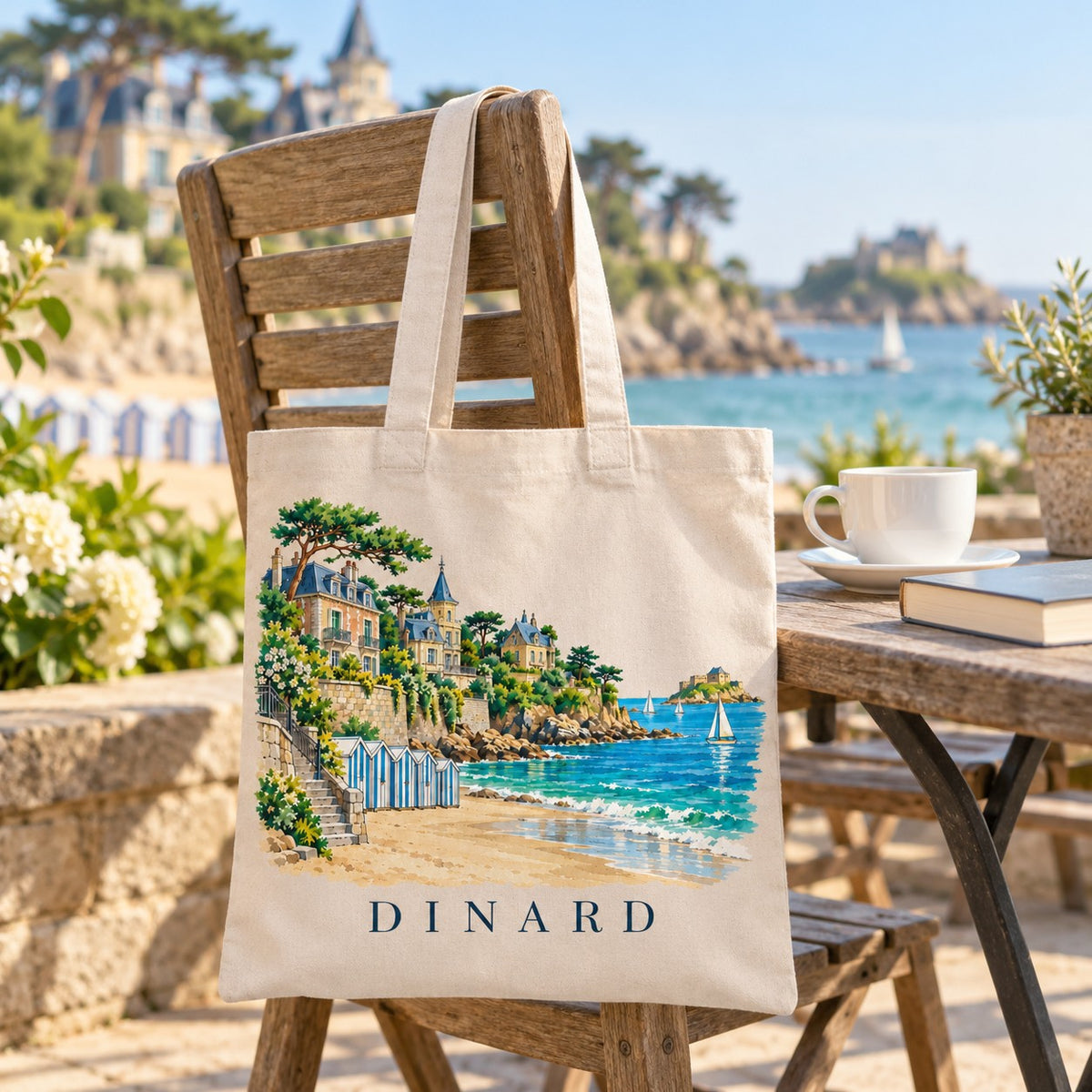 Tote bag Dinard Essentiel suspendu à une chaise de bois en terrasse face à la mer, avec un café