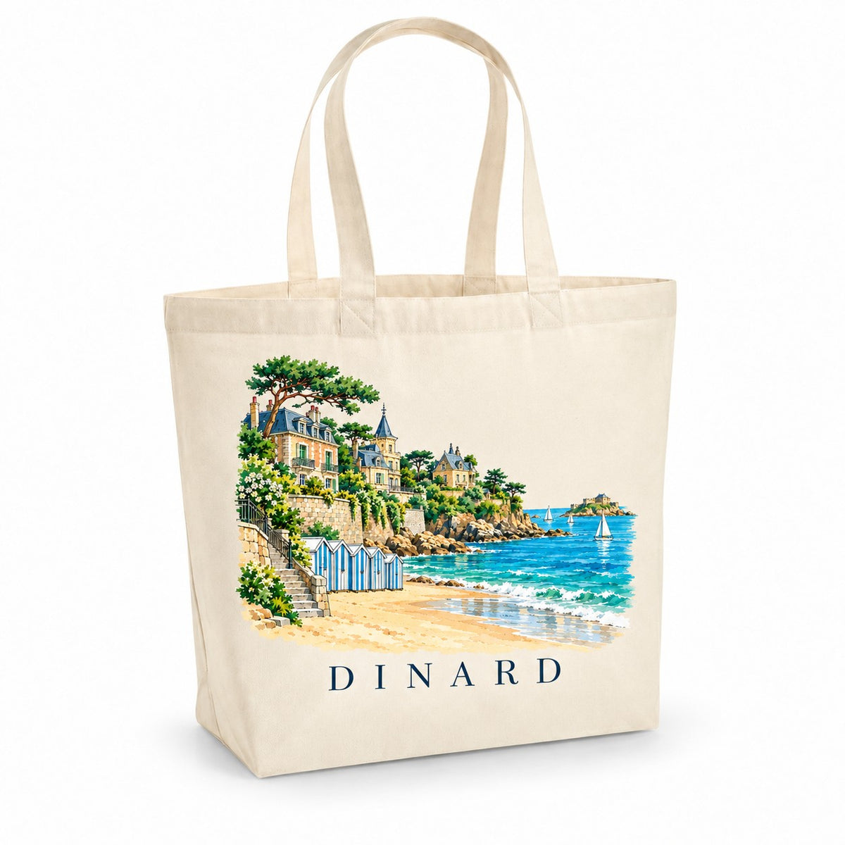 Tote bag Dinard Premium, cabas à soufflet en coton naturel 200 g/m² de 18 litres, illustration aquarelle des villas Belle Époque, de la plage et des cabines rayées