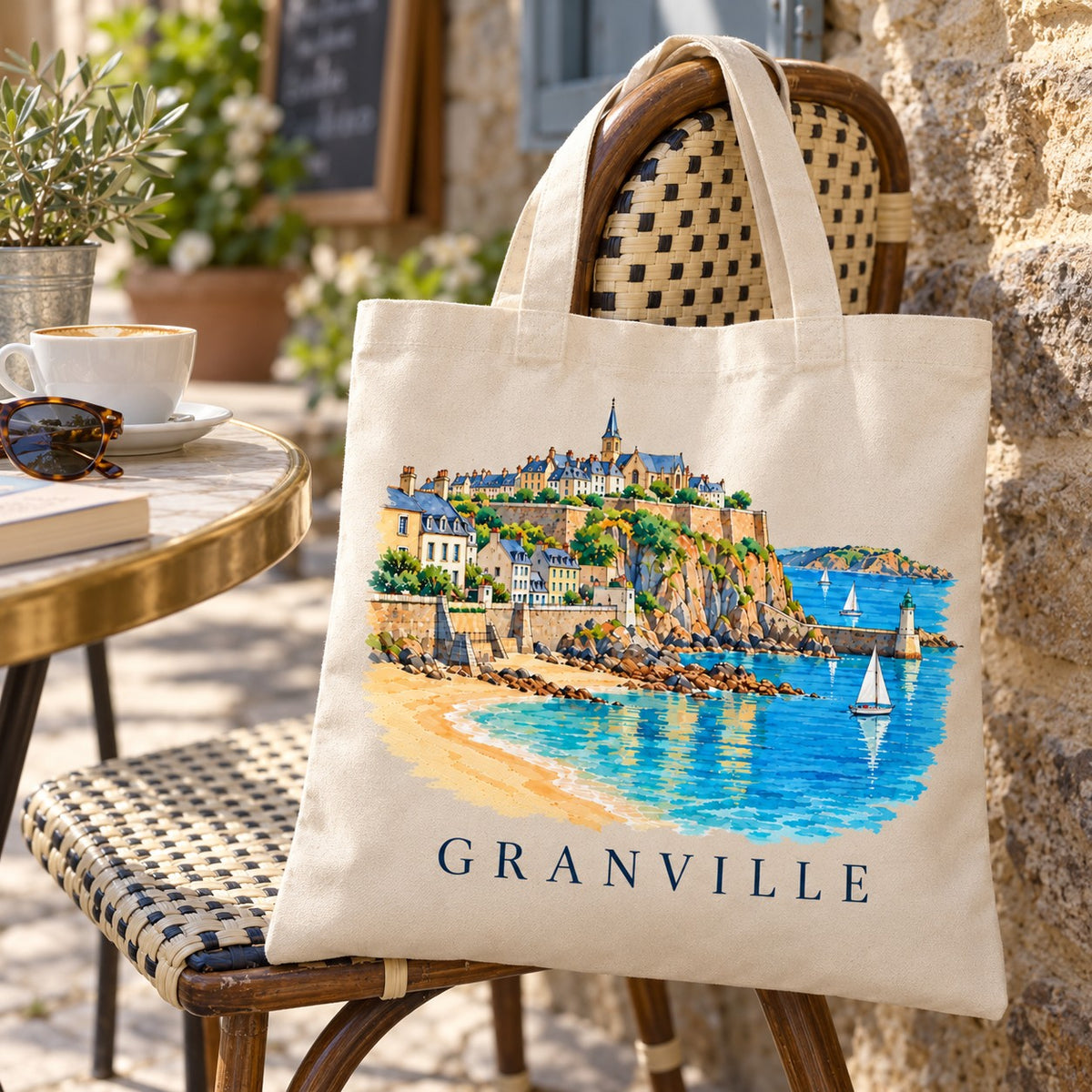 Tote bag Granville Essentiel suspendu à une chaise de bistrot en rotin en terrasse face au port
