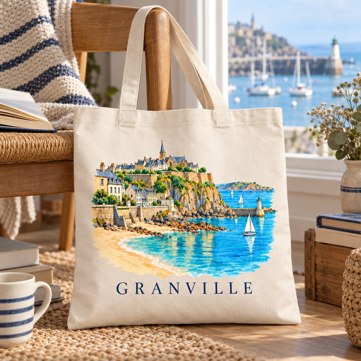 Tote bag Granville Essentiel suspendu à une chaise près d'une fenêtre ouverte sur le port, à côté de livres et d'un mug