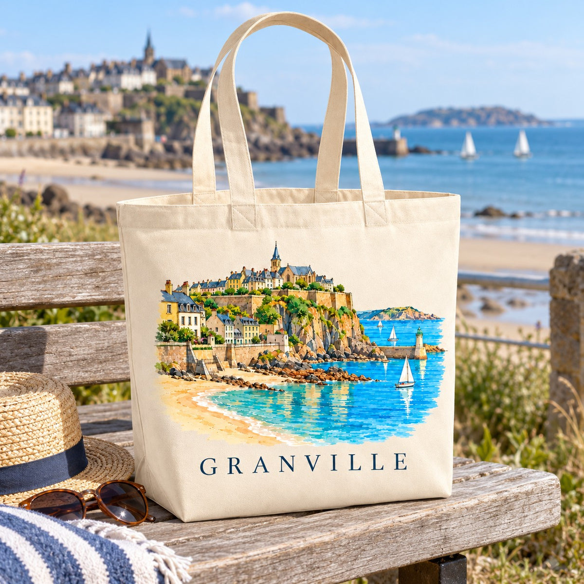 Tote bag Granville Premium posé sur un banc face à la mer, avec un chapeau de paille et une serviette rayée