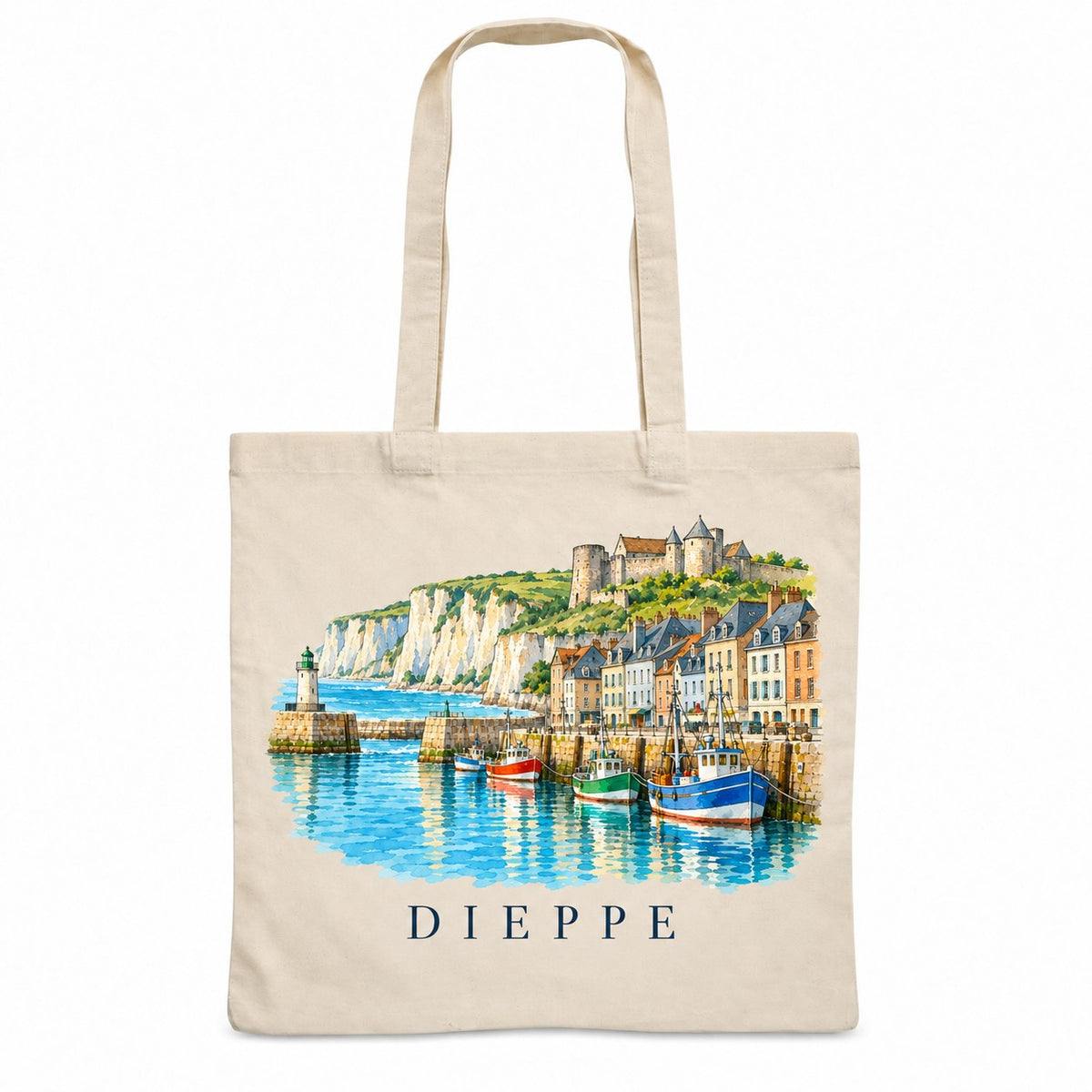 Tote bag Dieppe Essentiel, sac plat en coton naturel 140 g/m² de 38 × 42 cm, illustration aquarelle des falaises de craie, du port et du château