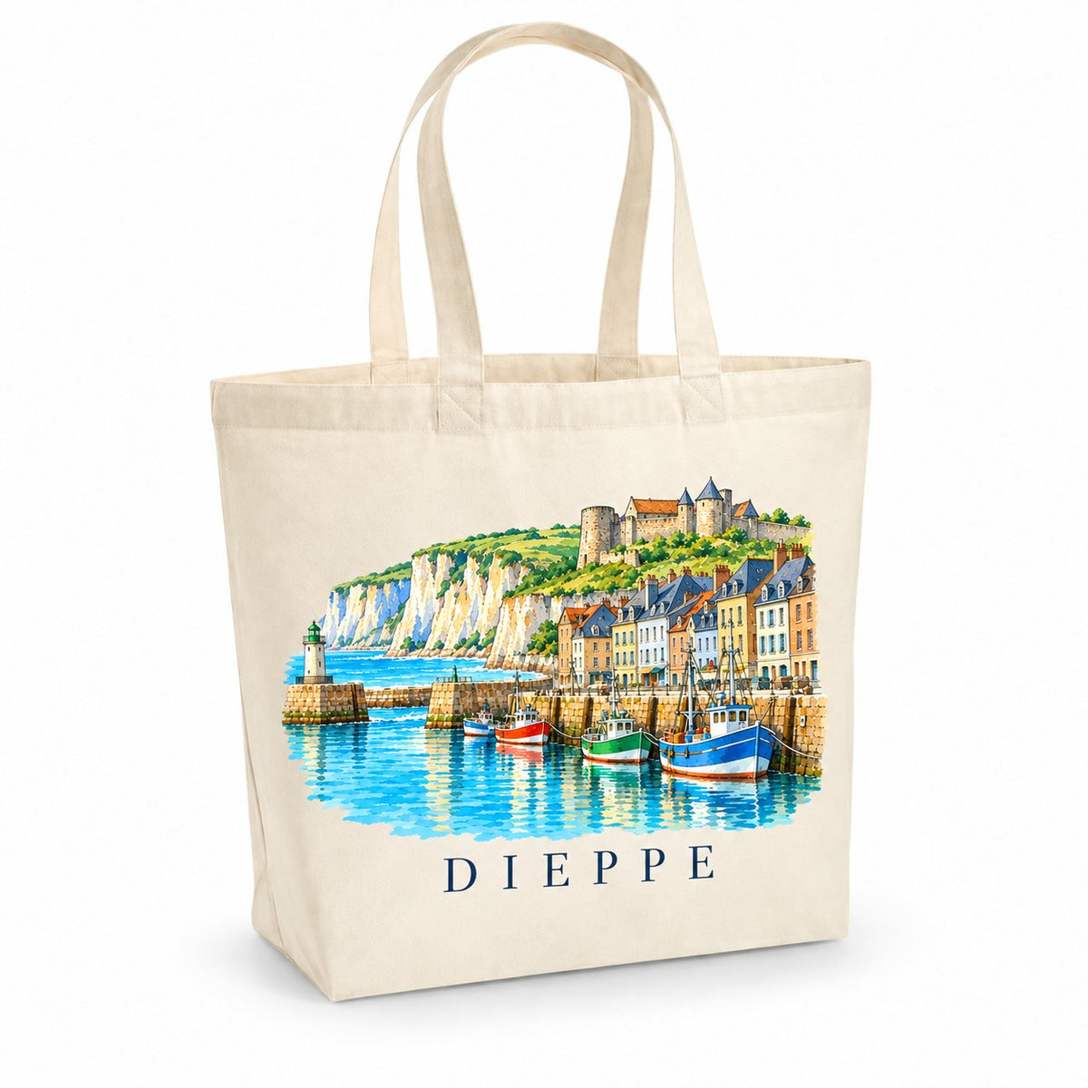 Tote bag Dieppe Premium, cabas à soufflet en coton naturel 200 g/m² de 18 litres, illustration aquarelle des falaises de craie, du port et du château