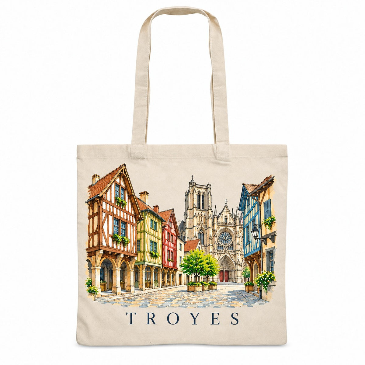 Tote bag Troyes Essentiel, sac plat en coton naturel 140 g/m² de 38 × 42 cm, illustration aquarelle des maisons à pans de bois colorées et de la cathédrale
