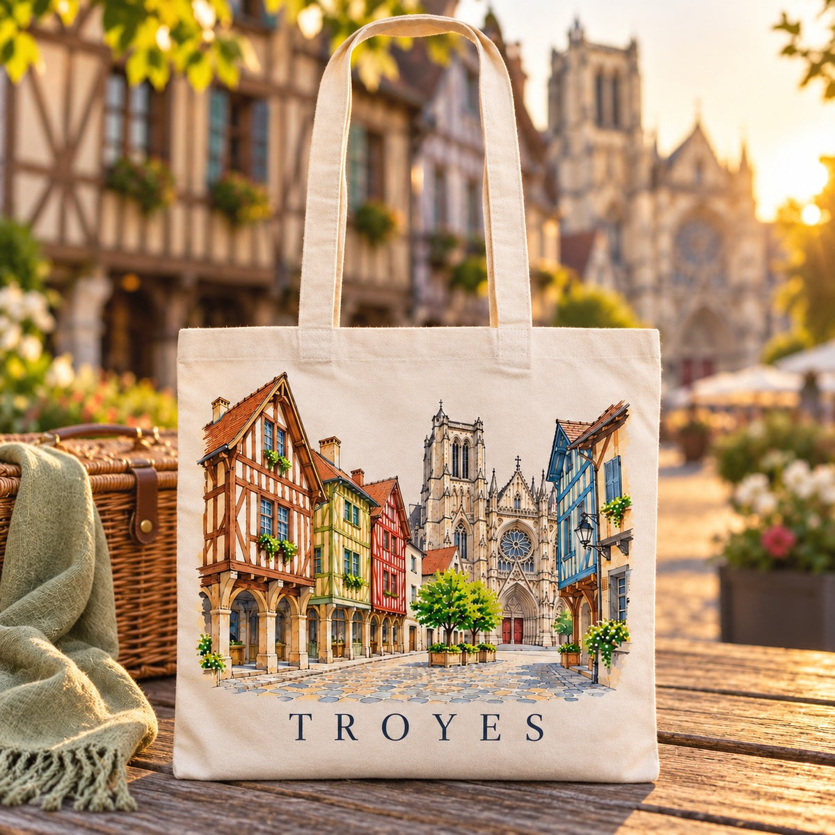 Tote bag Troyes Essentiel posé sur une table de bois en terrasse au coucher du soleil, avec un panier et un plaid