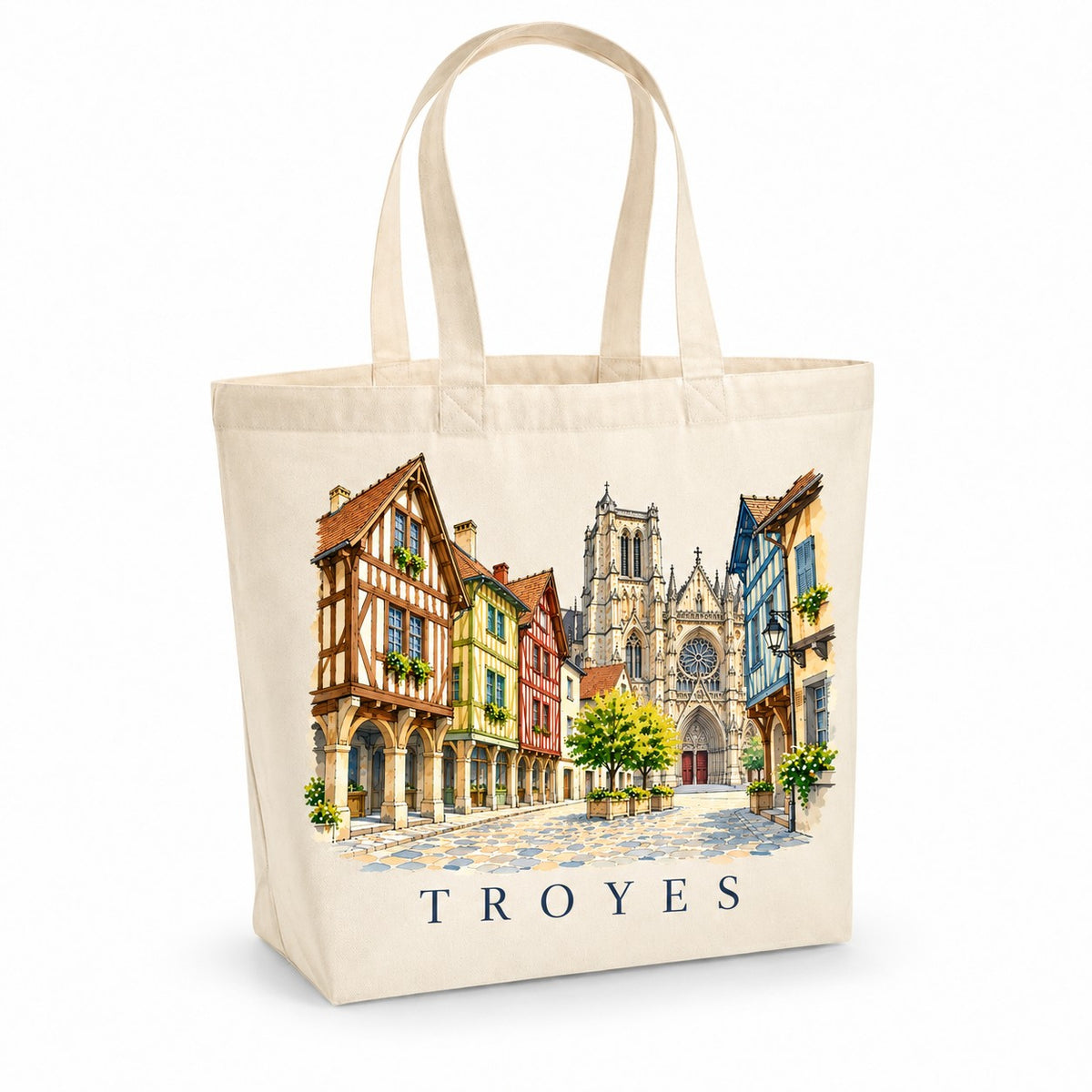 Tote bag Troyes Premium, cabas à soufflet en coton naturel 200 g/m² de 18 litres, illustration aquarelle des maisons à pans de bois colorées et de la cathédrale
