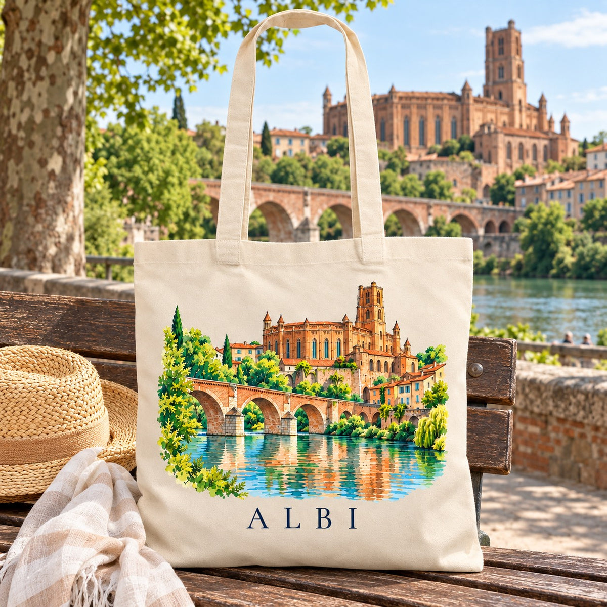 Tote bag Albi Essentiel posé sur un banc face à la cathédrale, avec un chapeau de paille