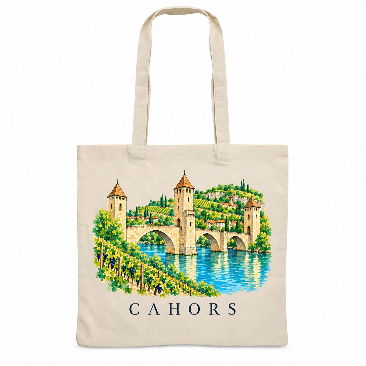 Tote bag Cahors Essentiel, sac plat en coton naturel 140 g/m² de 38 × 42 cm, illustration aquarelle du pont Valentré, du Lot et des vignes
