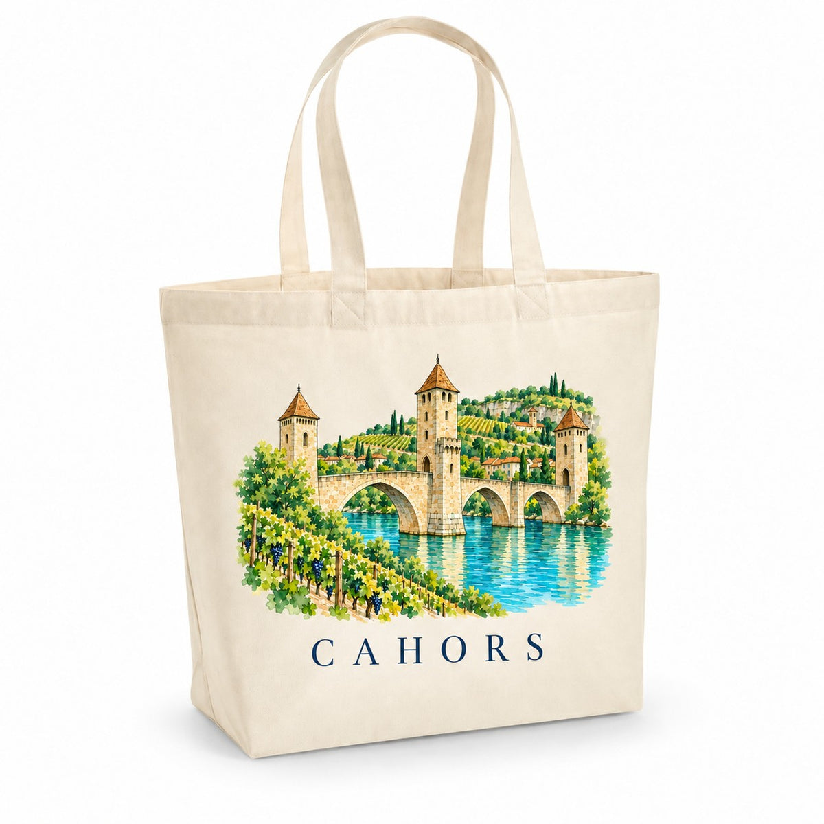 Tote bag Cahors Premium, cabas à soufflet en coton naturel 200 g/m² de 18 litres, illustration aquarelle du pont Valentré, du Lot et des vignes
