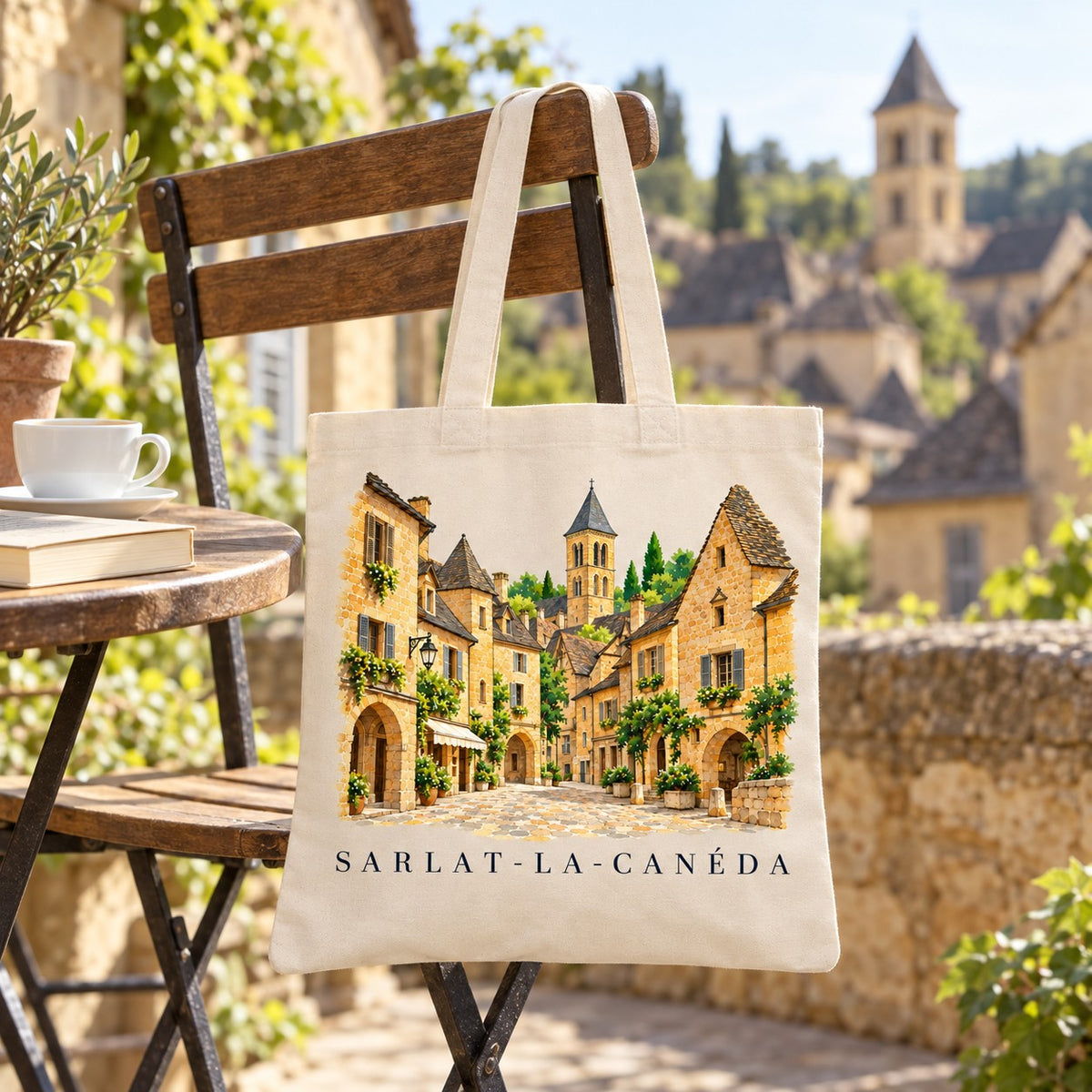 Tote bag Sarlat-la-Canéda Essentiel suspendu à une chaise de bistrot contre un muret de pierre, avec un café