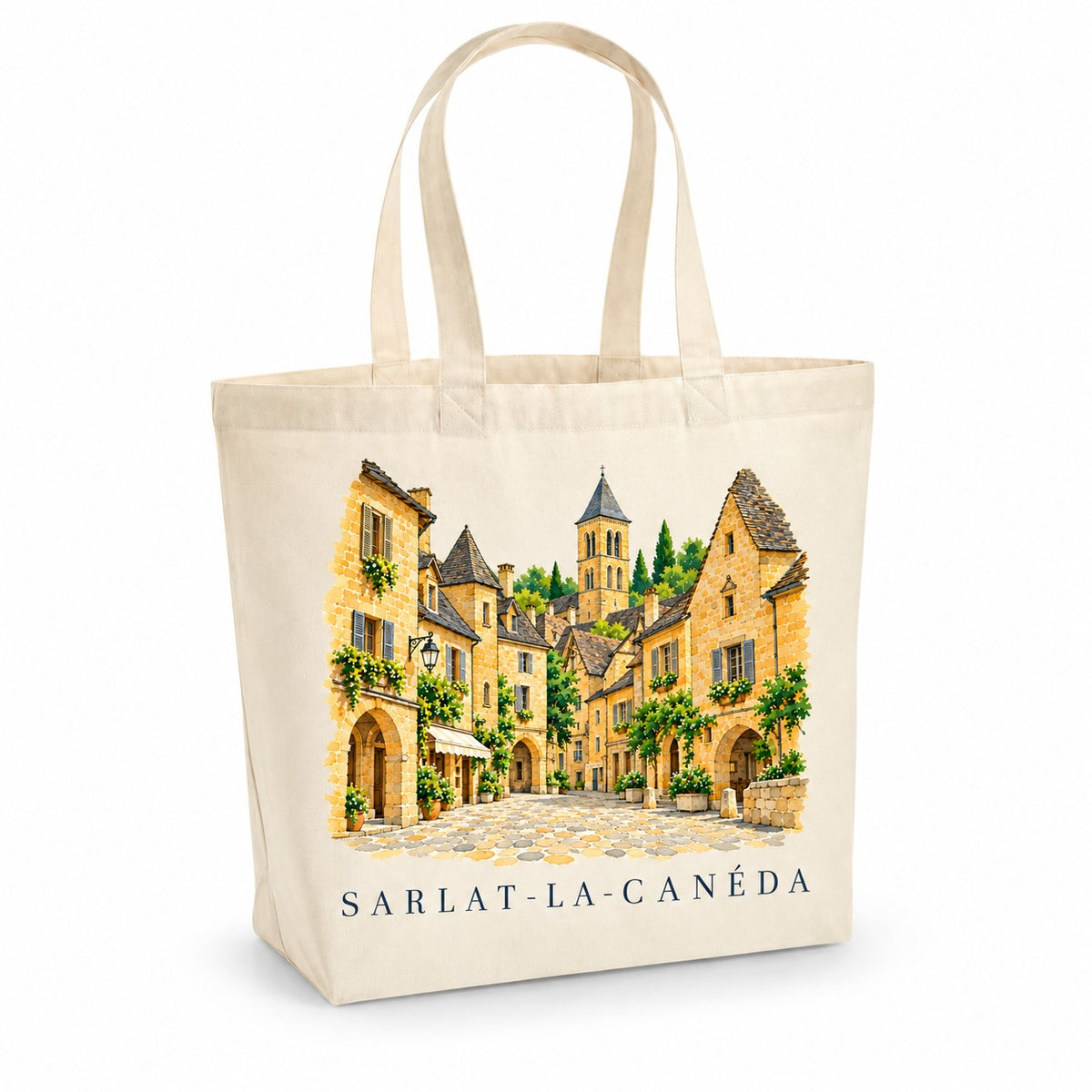 Tote bag Sarlat-la-Canéda Premium, cabas à soufflet en coton naturel 200 g/m² de 18 litres, illustration aquarelle de la cité médiévale en pierre dorée et de ses toits de lauzes