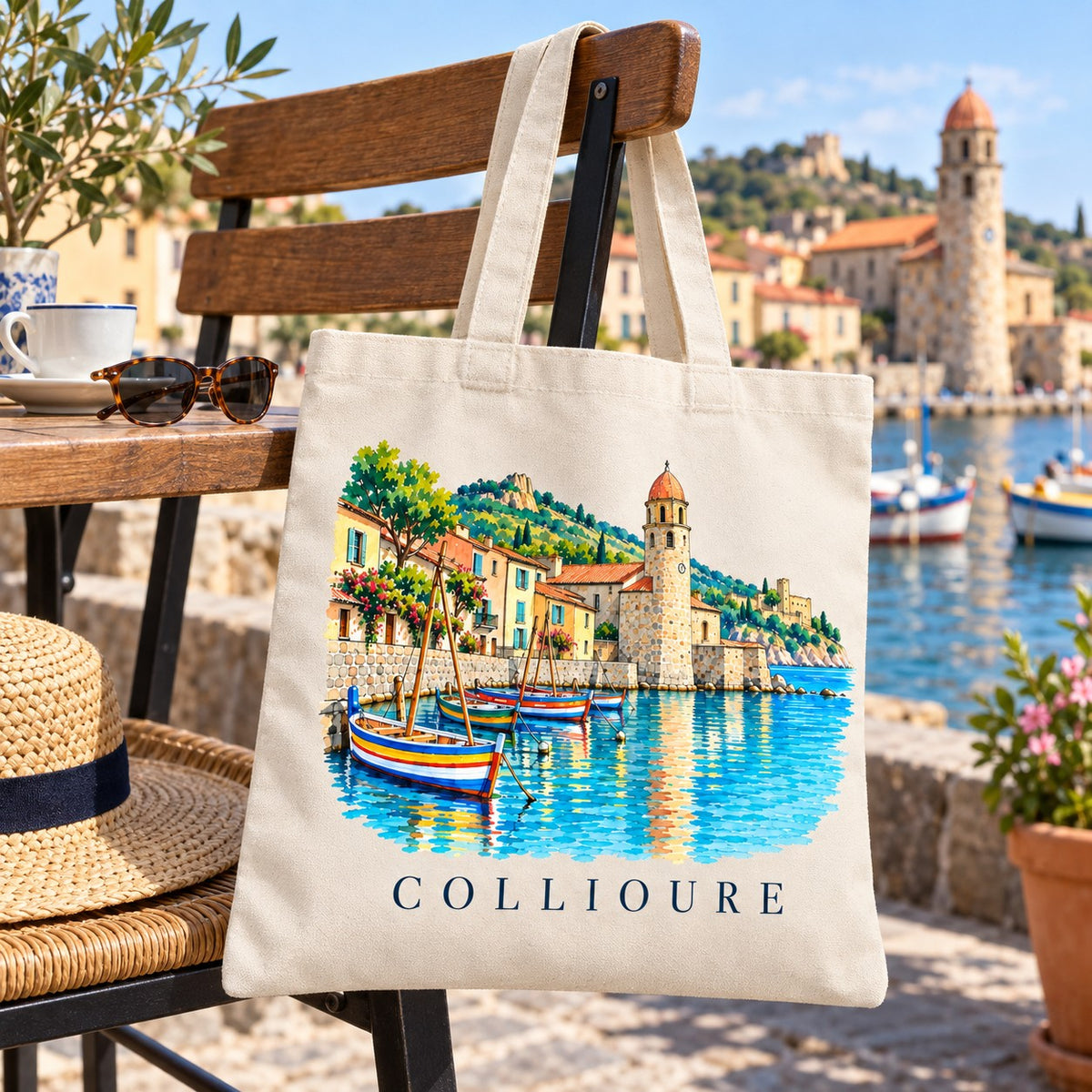 Tote bag Collioure Essentiel suspendu à une chaise de bois en terrasse face au port, avec un chapeau de paille