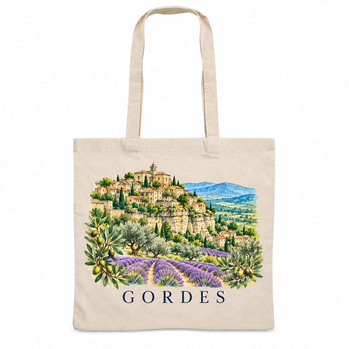 Tote bag Gordes Essentiel, sac plat en coton naturel 140 g/m² de 38 × 42 cm, illustration aquarelle du village perché, des champs de lavande et des oliviers