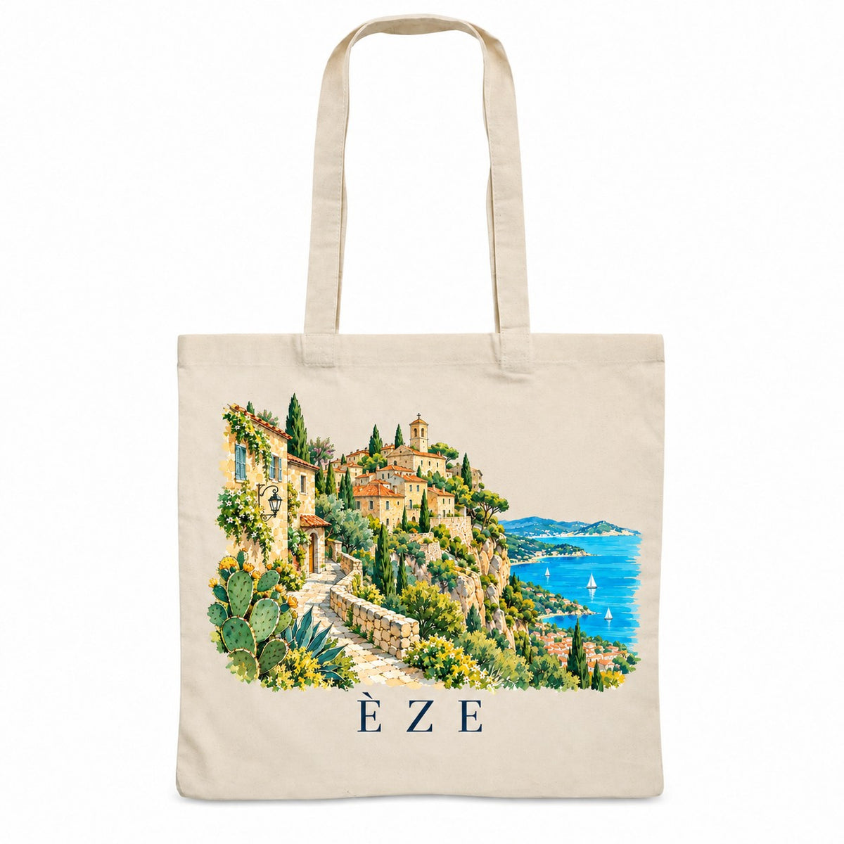 Tote bag Èze Essentiel, sac plat en coton naturel 140 g/m² de 38 × 42 cm, illustration aquarelle du village perché, des cactus et de la Méditerranée