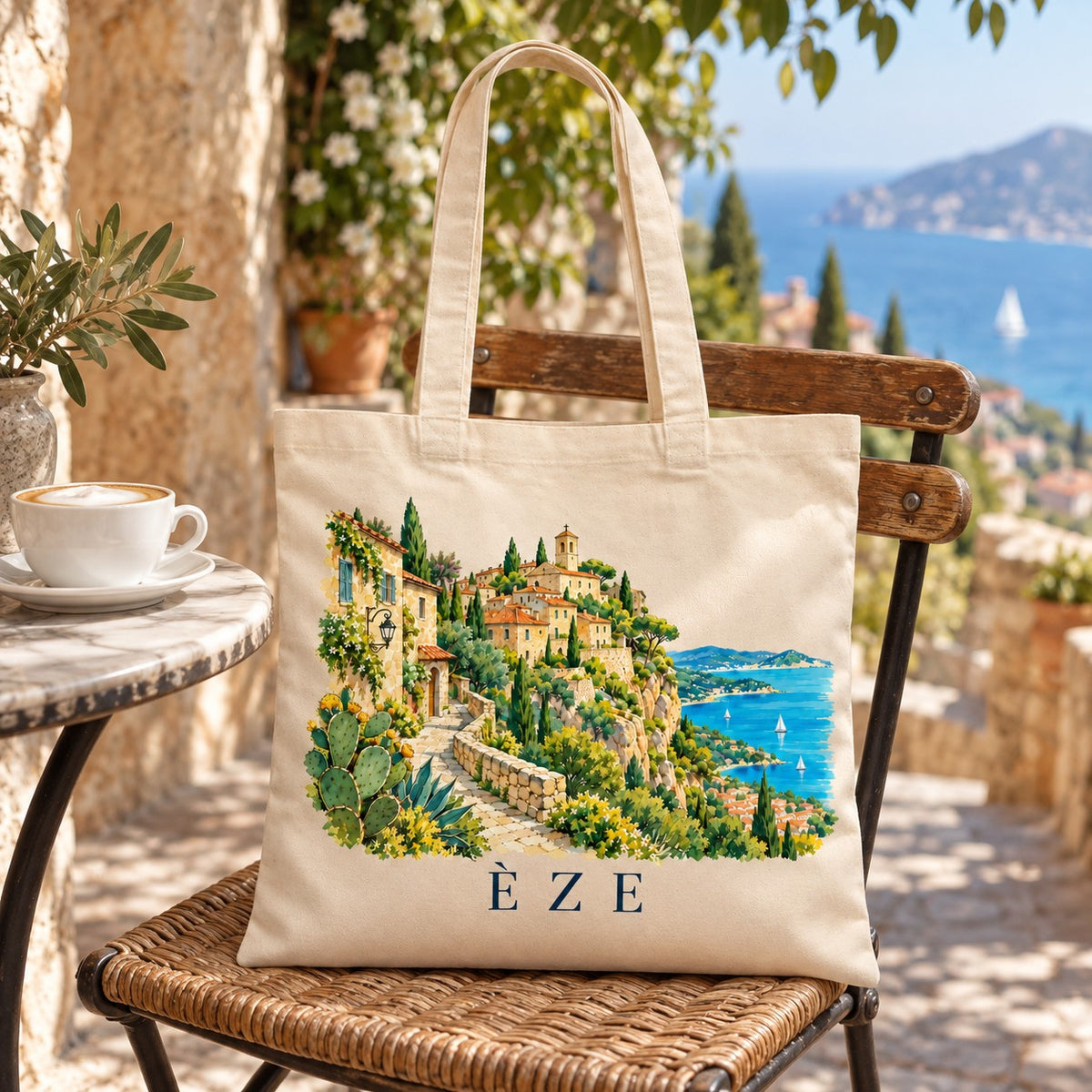 Tote bag Èze Essentiel suspendu à une chaise de bistrot en terrasse face à la mer, avec un café
