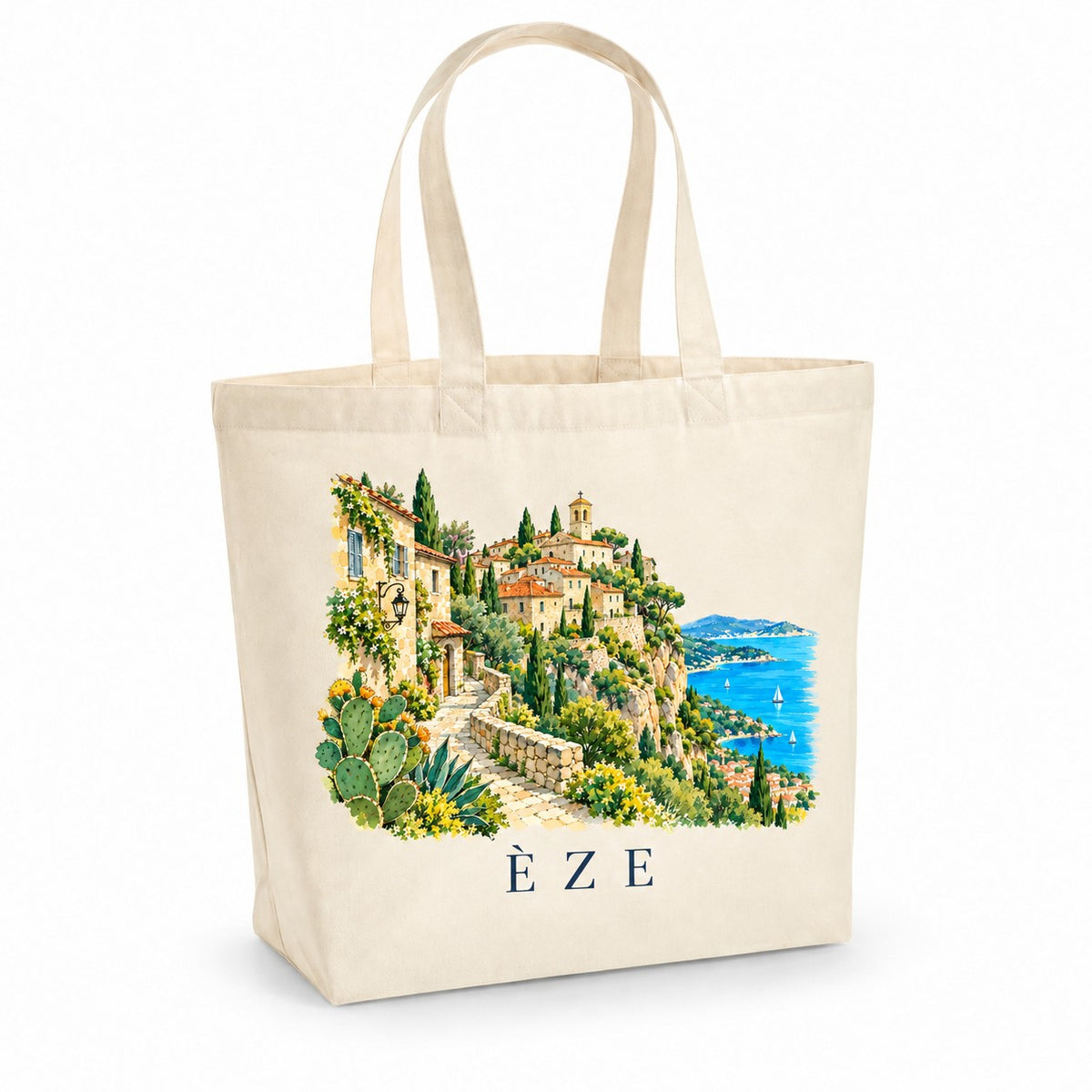 Tote bag Èze Premium, cabas à soufflet en coton naturel 200 g/m² de 18 litres, illustration aquarelle du village perché, des cactus et de la Méditerranée
