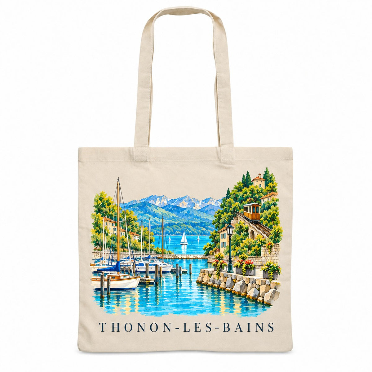 Tote bag Thonon-les-Bains Essentiel, sac plat en coton naturel 140 g/m² de 38 × 42 cm, illustration aquarelle du lac Léman, du port de Rives et du funiculaire