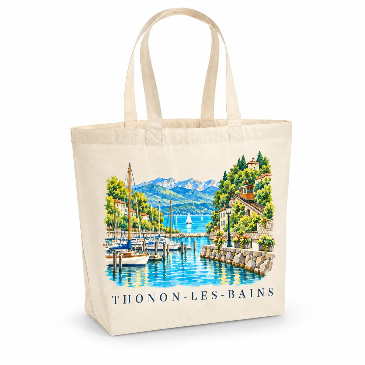 Tote bag Thonon-les-Bains Premium, cabas à soufflet en coton naturel 200 g/m² de 18 litres, illustration aquarelle du lac Léman, du port de Rives et du funiculaire