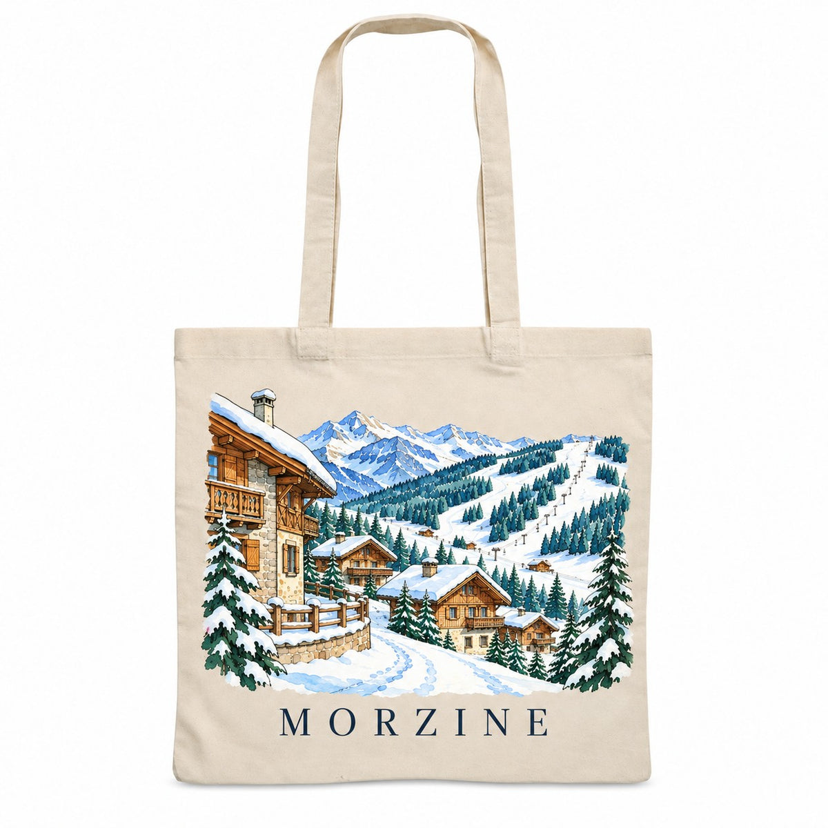 Tote bag Morzine Essentiel, sac plat en coton naturel 140 g/m² de 38 × 42 cm, illustration aquarelle des chalets, des pistes enneigées et des sapins