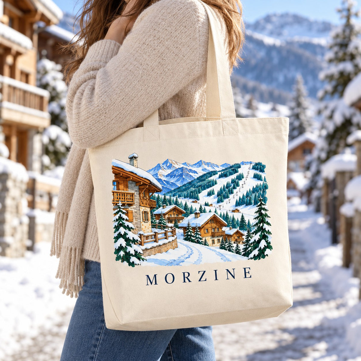 Tote bag Morzine Premium porté à l'épaule dans une rue enneigée du village
