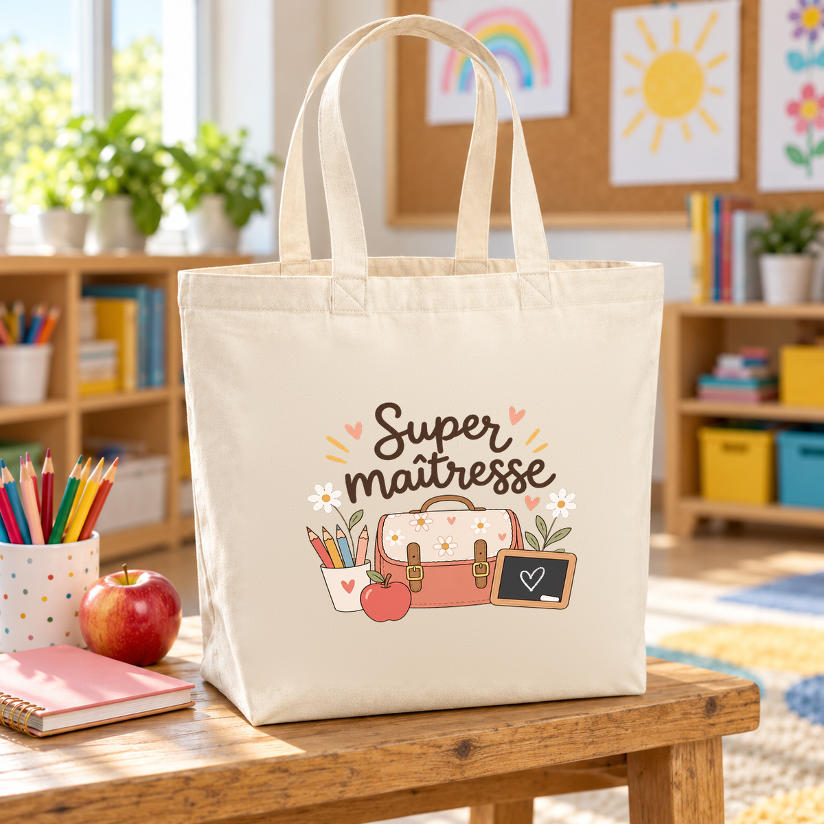 Tote bag maîtresse « Super maîtresse » Premium posé sur une table de classe, à côté d'un pot de crayons et d'une pomme