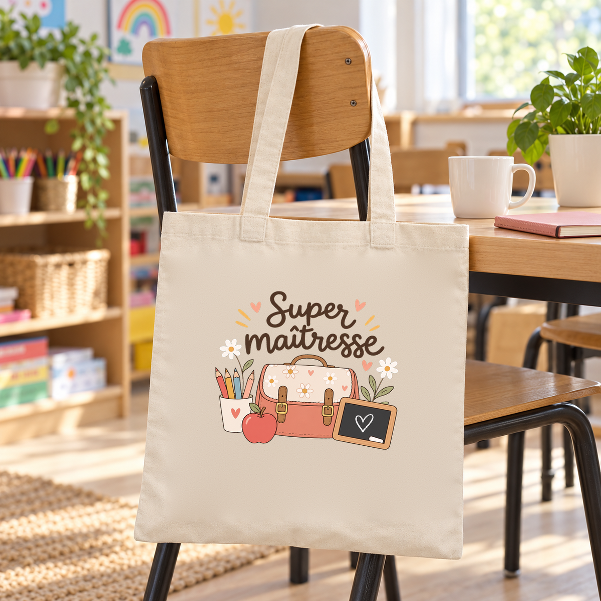 Tote bag maîtresse « Super maîtresse » Essentiel suspendu à une chaise d'écolier dans une salle de classe