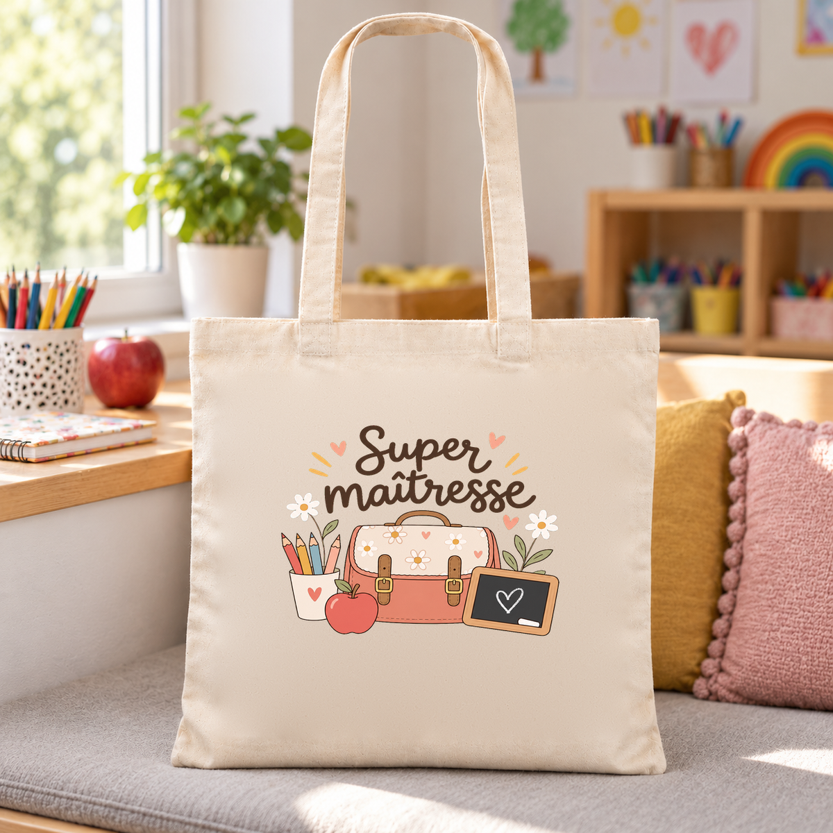Tote bag maîtresse « Super maîtresse » Essentiel posé sur un banc à coussins dans le coin lecture de la classe