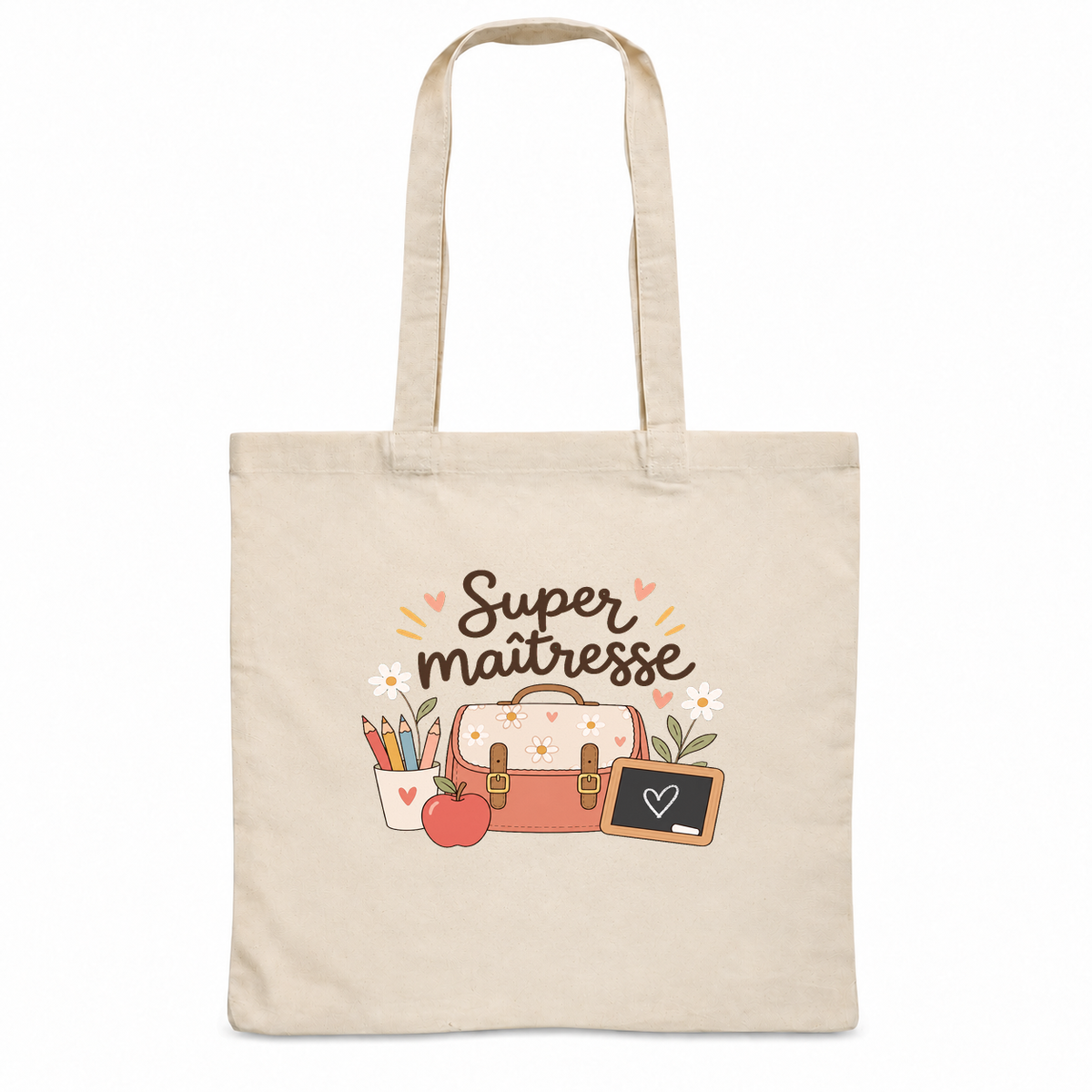 Tote bag maîtresse « Super maîtresse » Essentiel, sac plat en coton naturel 140 g/m² de 38 × 42 cm, illustration bohème d'un cartable, de crayons de couleur, d'une pomme et d'une petite ardoise