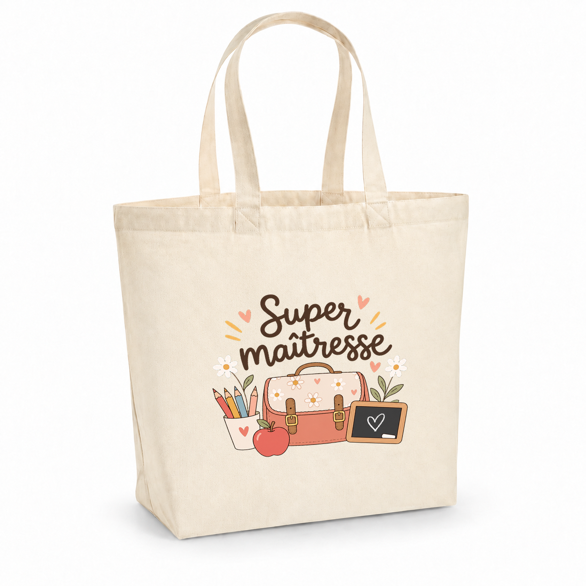 Tote bag maîtresse « Super maîtresse » Premium, cabas à soufflet en coton naturel 200 g/m² de 18 litres, illustration bohème d'un cartable, de crayons de couleur, d'une pomme et d'une petite ardoise