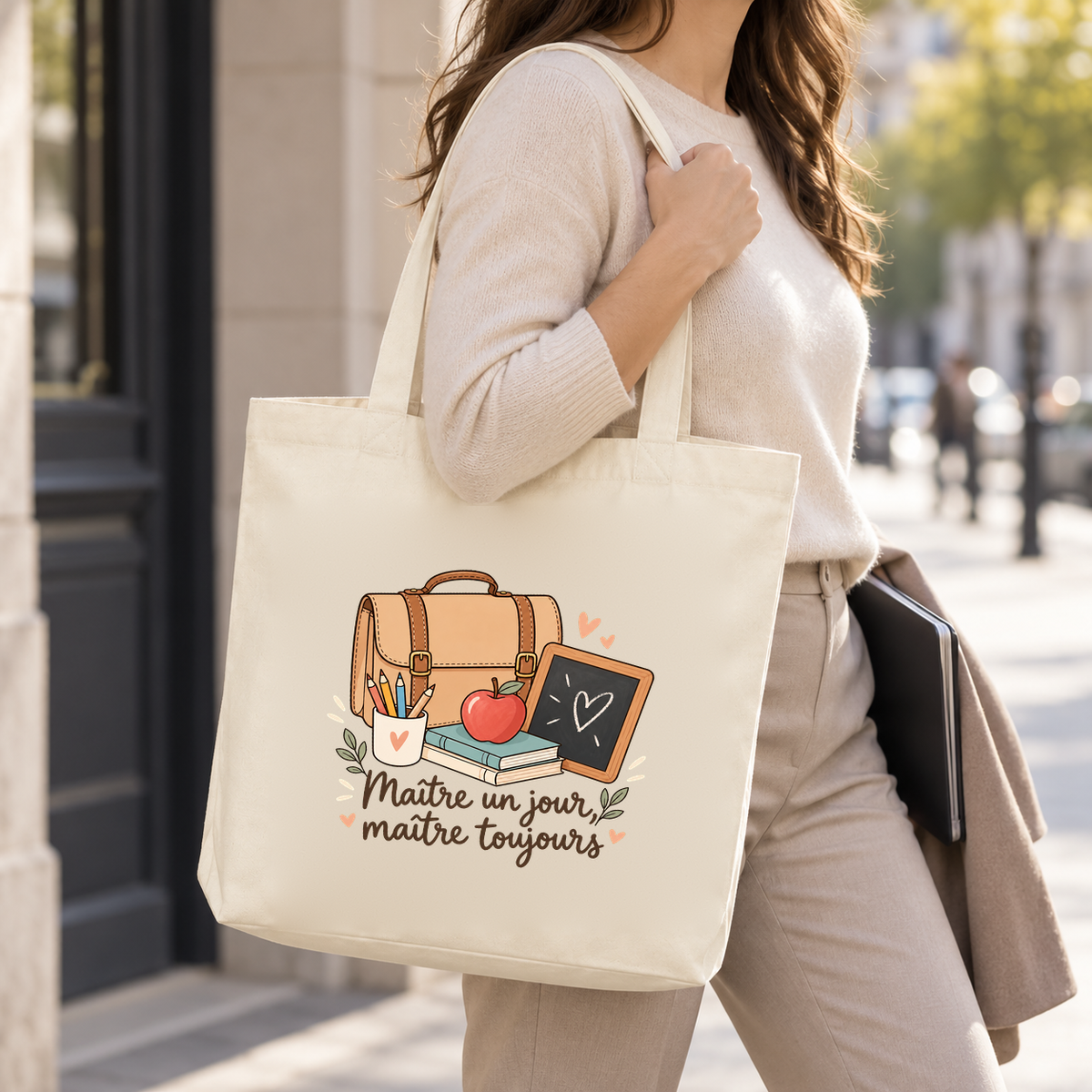 Tote bag maître « Maître un jour, maître toujours » Premium porté à l'épaule devant l'école, un classeur à la main