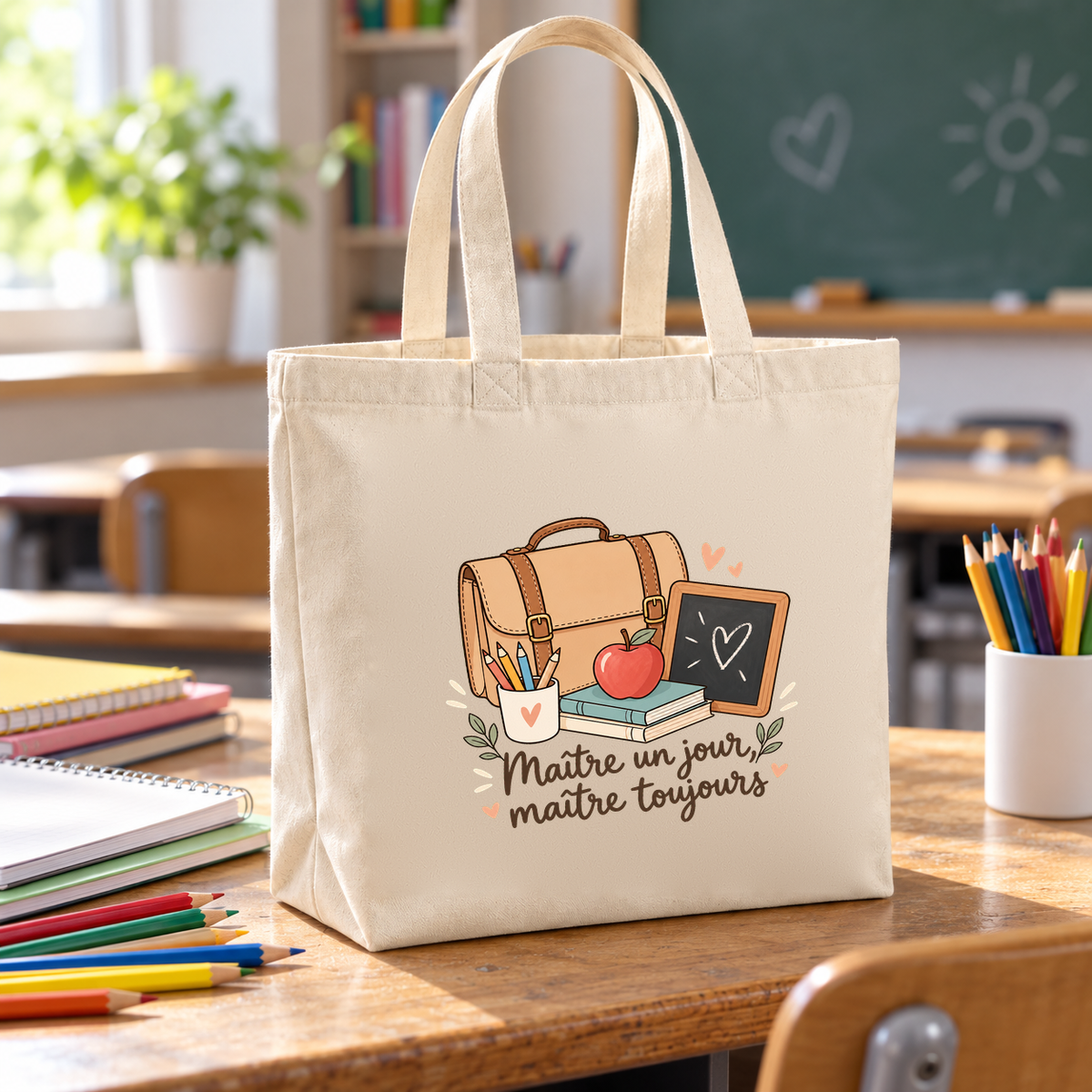 Tote bag maître « Maître un jour, maître toujours » Premium posé sur le bureau du maître, entre les cahiers et les crayons de couleur