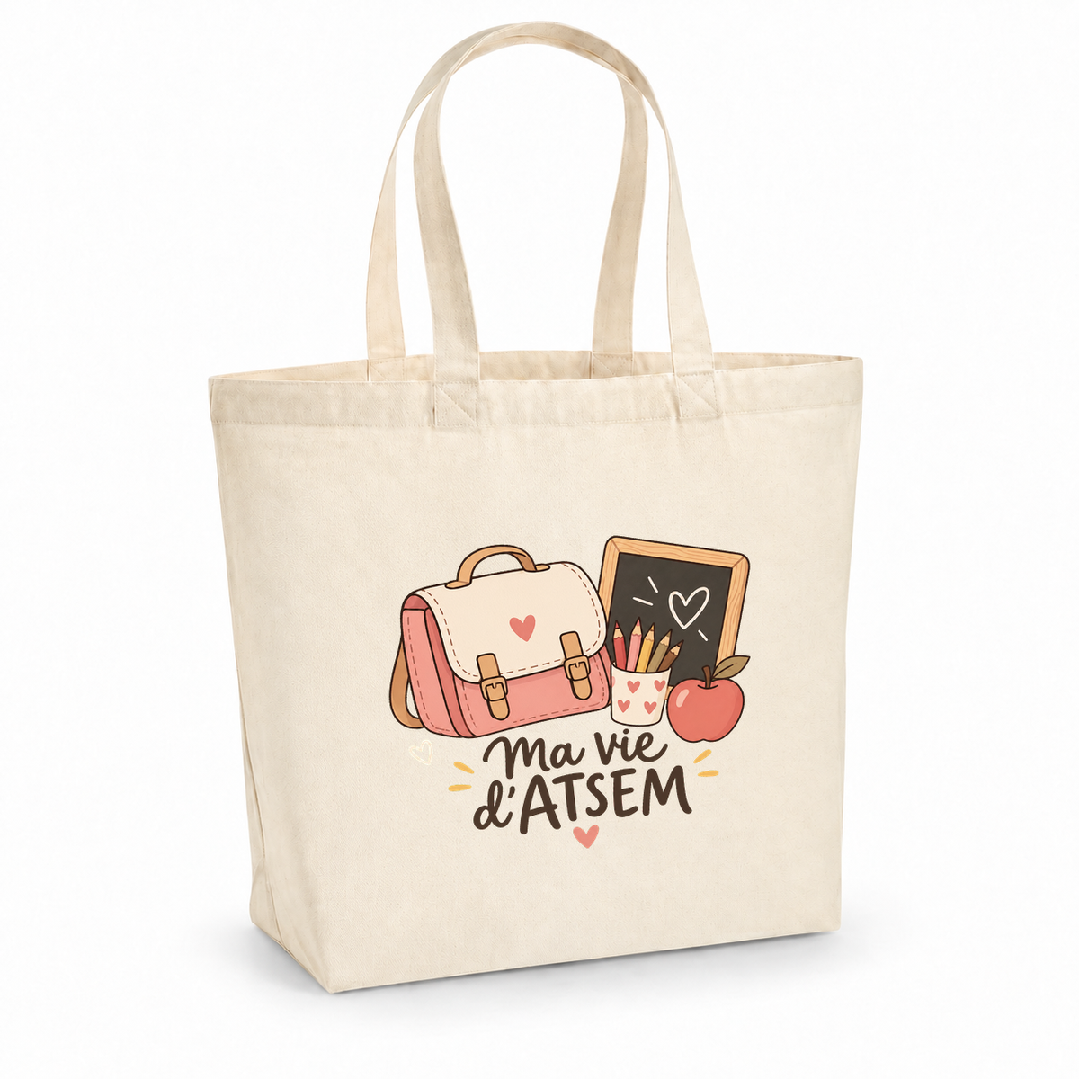 Tote bag ATSEM « Ma vie d'ATSEM » Premium, cabas à soufflet en coton naturel 200 g/m² de 18 litres, illustration bohème d'un cartable, de crayons de couleur, d'une pomme et d'une petite ardoise — visuel centré selon le gabarit validé