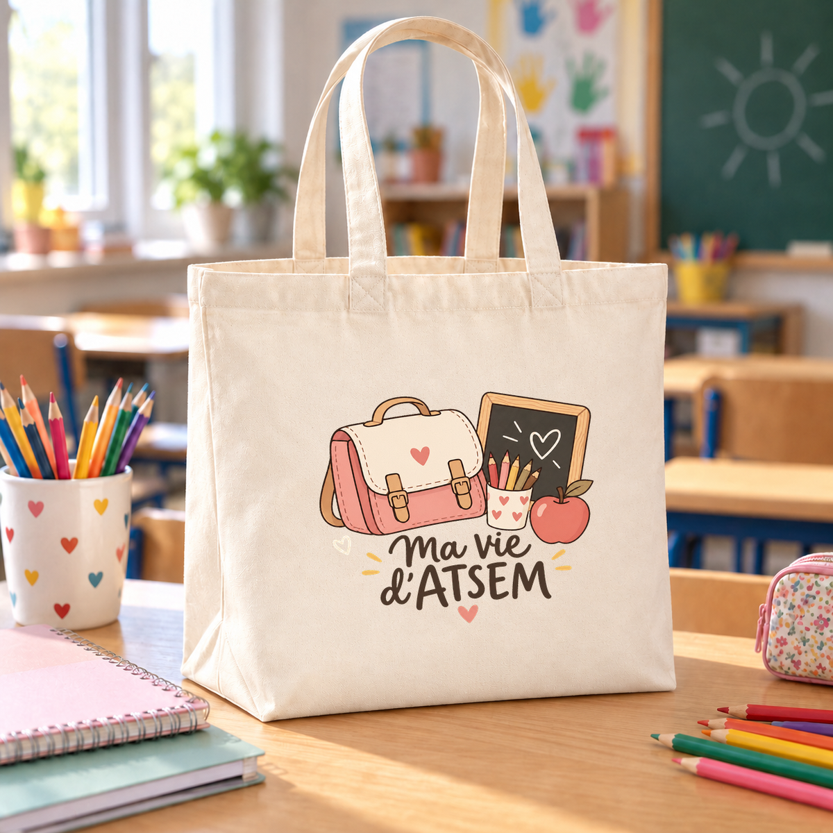 Tote bag ATSEM « Ma vie d'ATSEM » Premium posé sur une table de classe, à côté d'un pot de crayons — visuel centré selon le gabarit validé