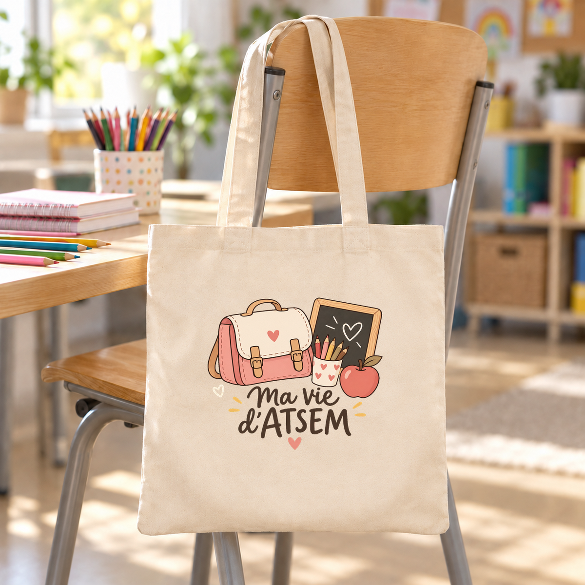 Tote bag ATSEM « Ma vie d'ATSEM » Essentiel suspendu à une chaise d'écolier dans une classe de maternelle — visuel centré selon le gabarit validé
