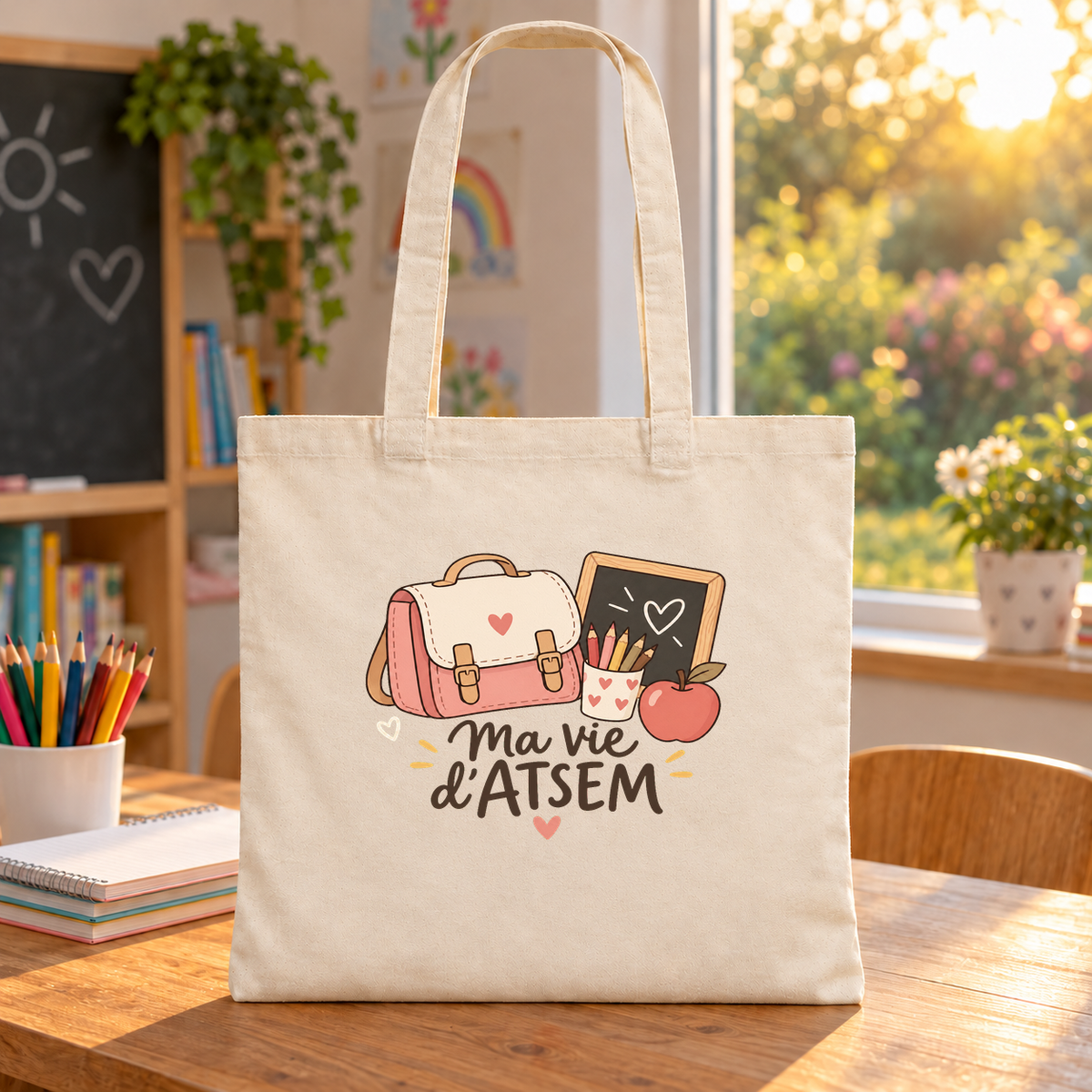 Tote bag ATSEM « Ma vie d'ATSEM » Essentiel posé sur une table de classe au soleil couchant — visuel centré selon le gabarit validé