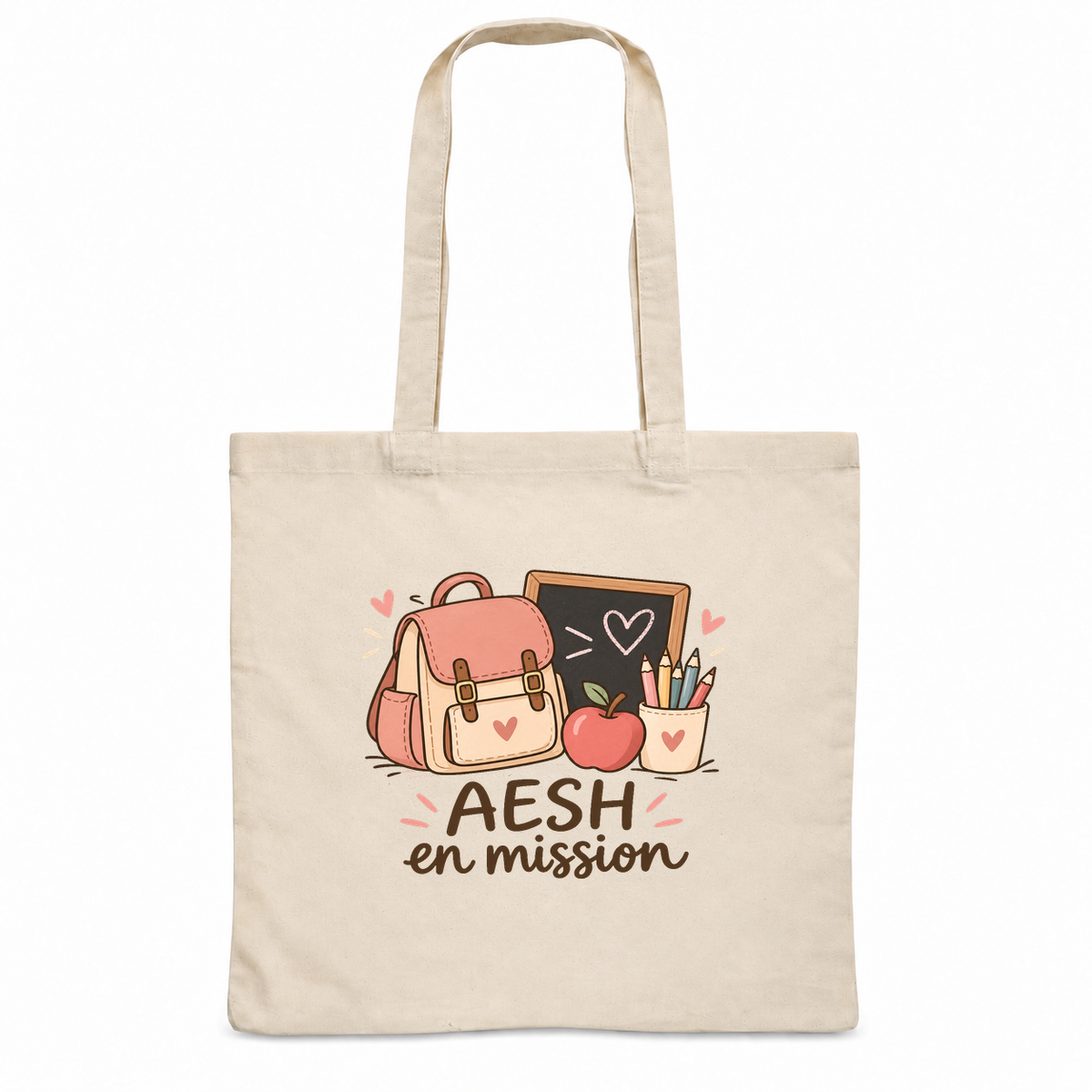 Tote bag AESH « AESH en mission » Essentiel, sac plat en coton naturel 140 g/m² de 38 × 42 cm, illustration bohème d'un cartable, de crayons de couleur, d'une pomme et d'une petite ardoise