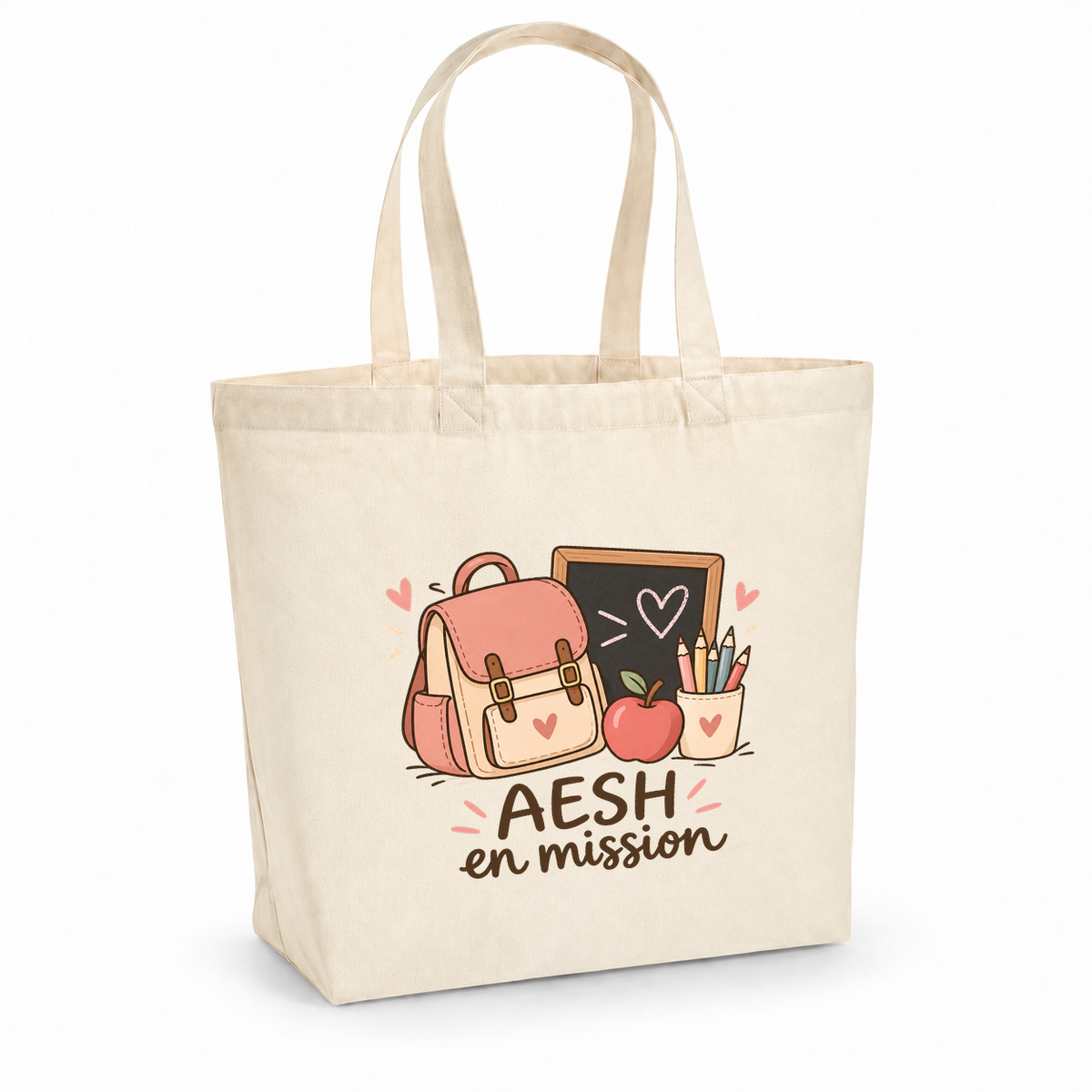 Tote bag AESH « AESH en mission » Premium, cabas à soufflet en coton naturel 200 g/m² de 18 litres, illustration bohème d'un cartable, de crayons de couleur, d'une pomme et d'une petite ardoise
