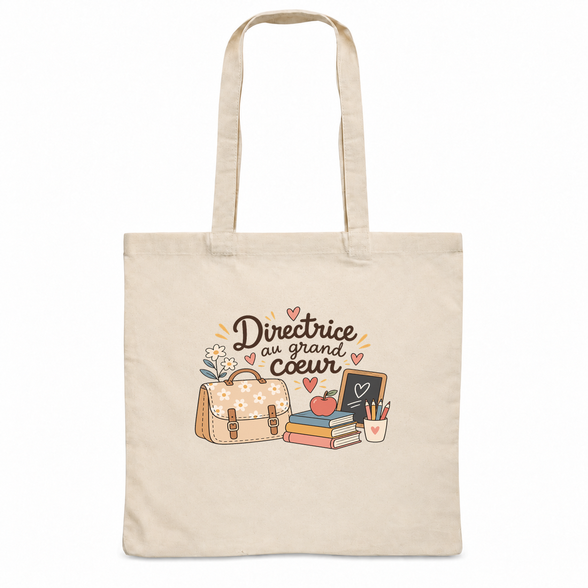 Tote bag directrice d'école « Directrice au grand cœur » Essentiel, sac plat en coton naturel 140 g/m² de 38 × 42 cm, illustration bohème d'un cartable, de crayons de couleur, d'une pomme et d'une petite ardoise