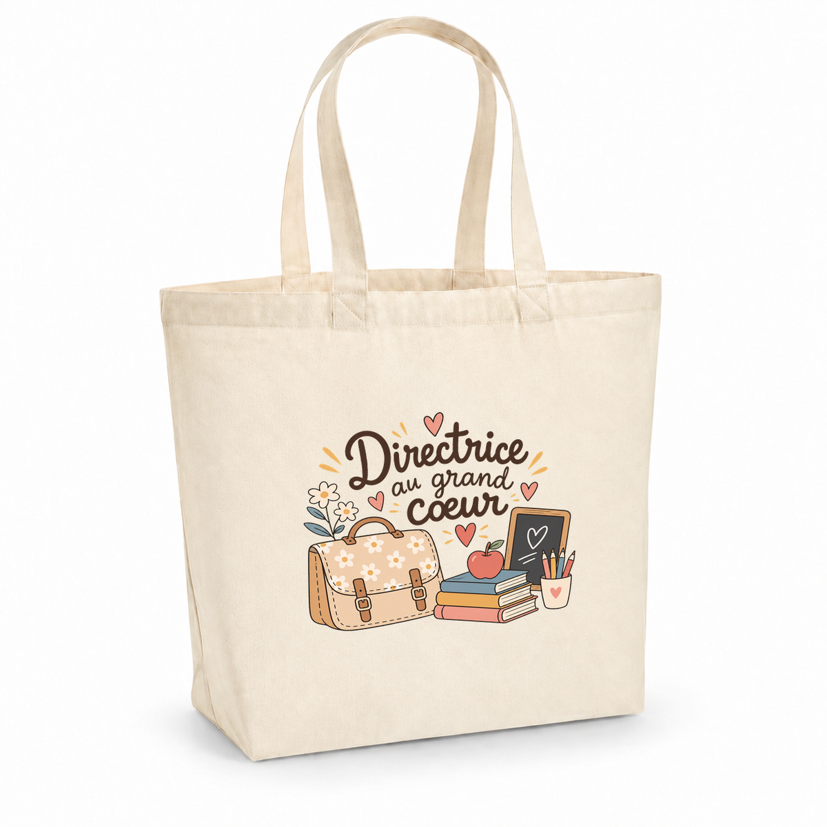 Tote bag directrice d'école « Directrice au grand cœur » Premium, cabas à soufflet en coton naturel 200 g/m² de 18 litres, illustration bohème d'un cartable, de crayons de couleur, d'une pomme et d'une petite ardoise