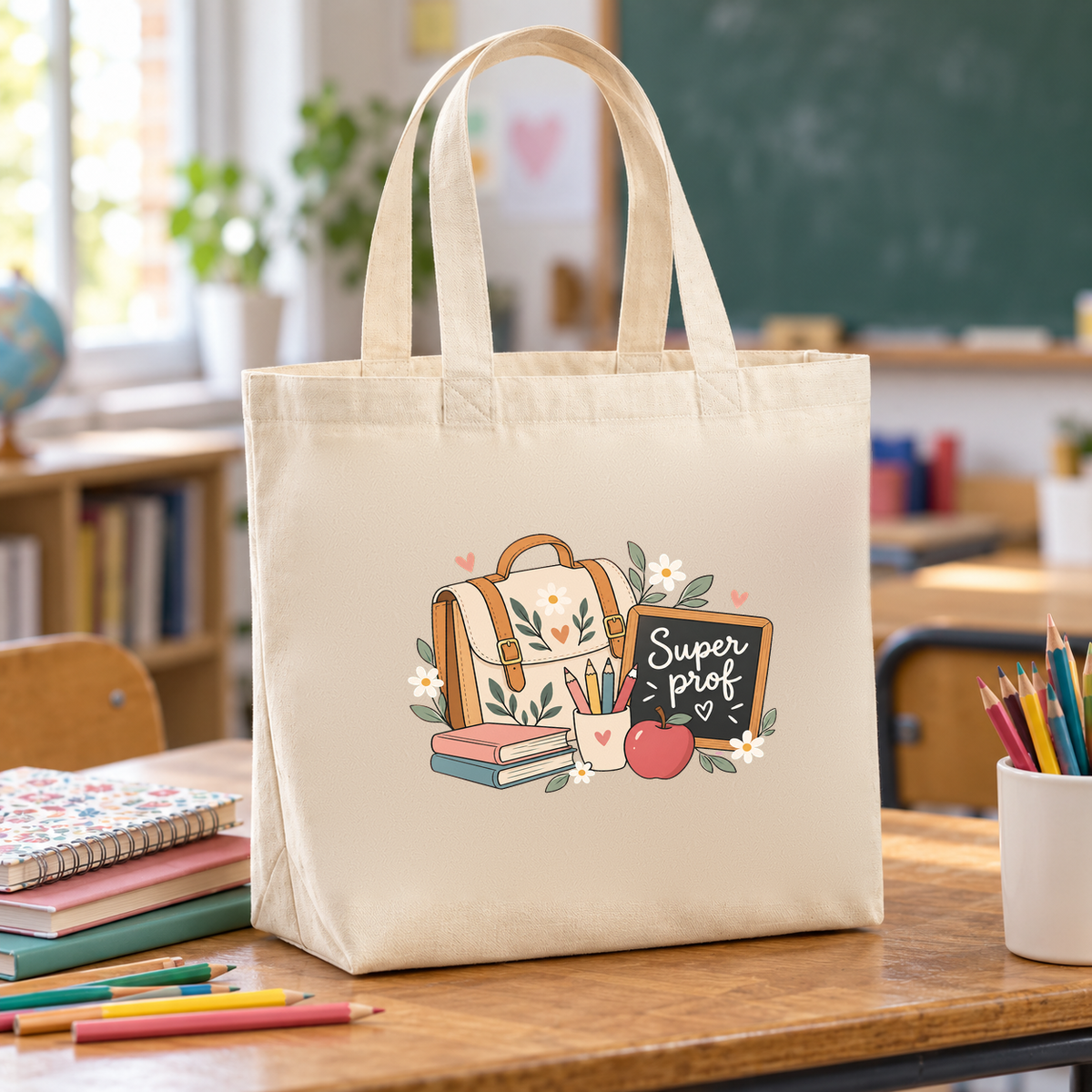 Tote bag professeure « Super prof » Premium posé sur un bureau entre les cahiers et les crayons de couleur, tableau vert en arrière-plan