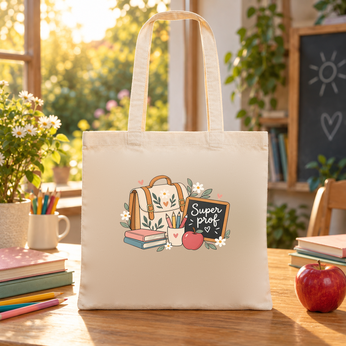 Tote bag professeure « Super prof » Essentiel posé sur une table près d'une fenêtre ensoleillée, à côté d'une pomme