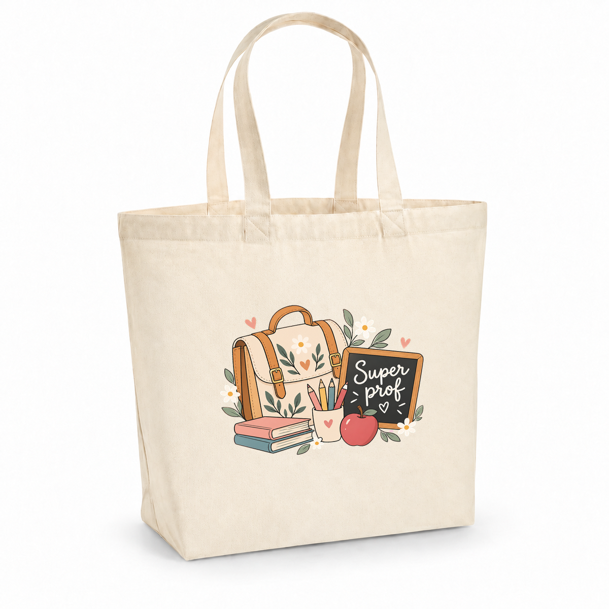 Tote bag professeure « Super prof » Premium, cabas à soufflet en coton naturel 200 g/m² de 18 litres, illustration bohème d'un cartable, de crayons de couleur, d'une pomme et d'une petite ardoise