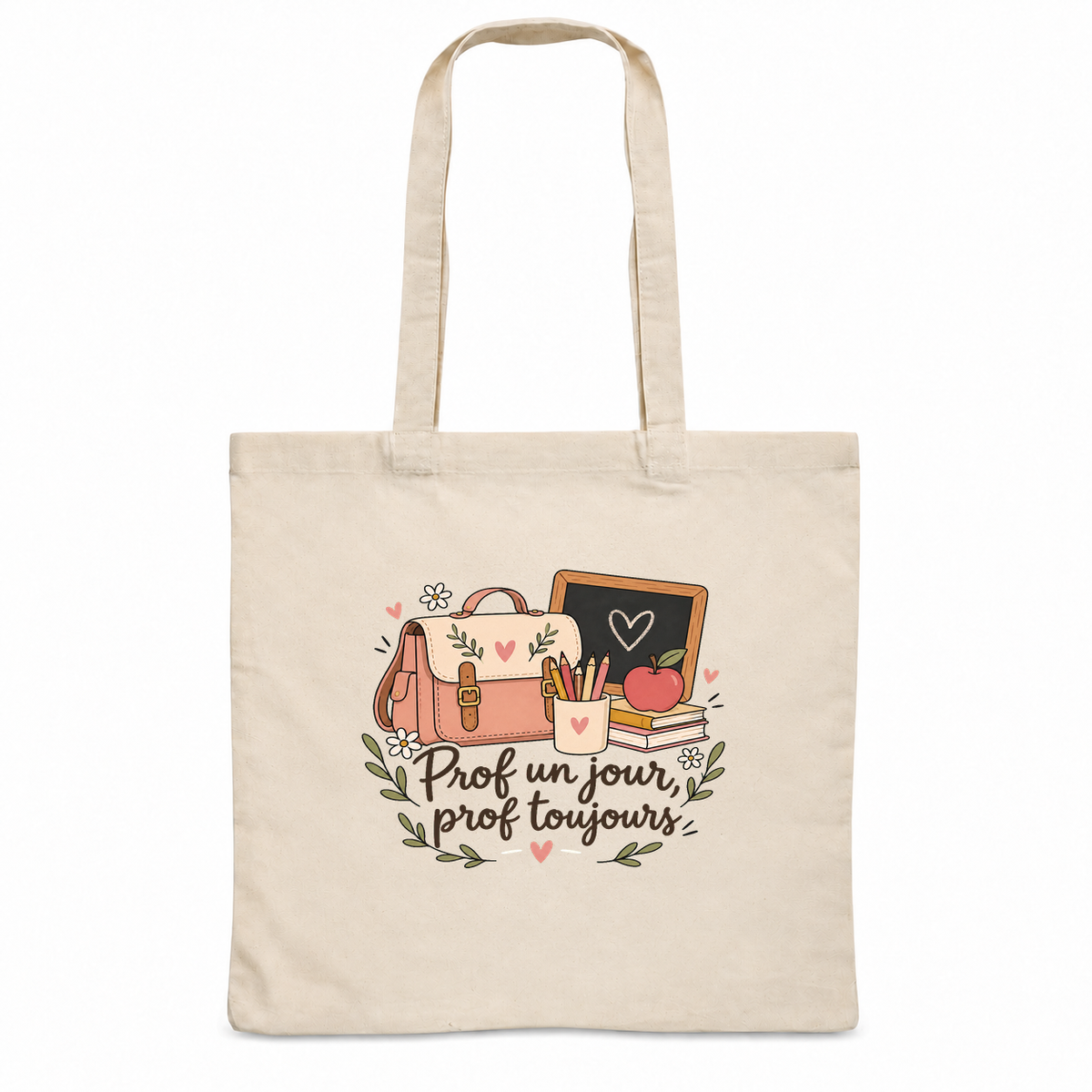 Tote bag professeur « Prof un jour, prof toujours » Essentiel, sac plat en coton naturel 140 g/m² de 38 × 42 cm, illustration bohème d'un cartable, de crayons de couleur, d'une pomme et d'une petite ardoise