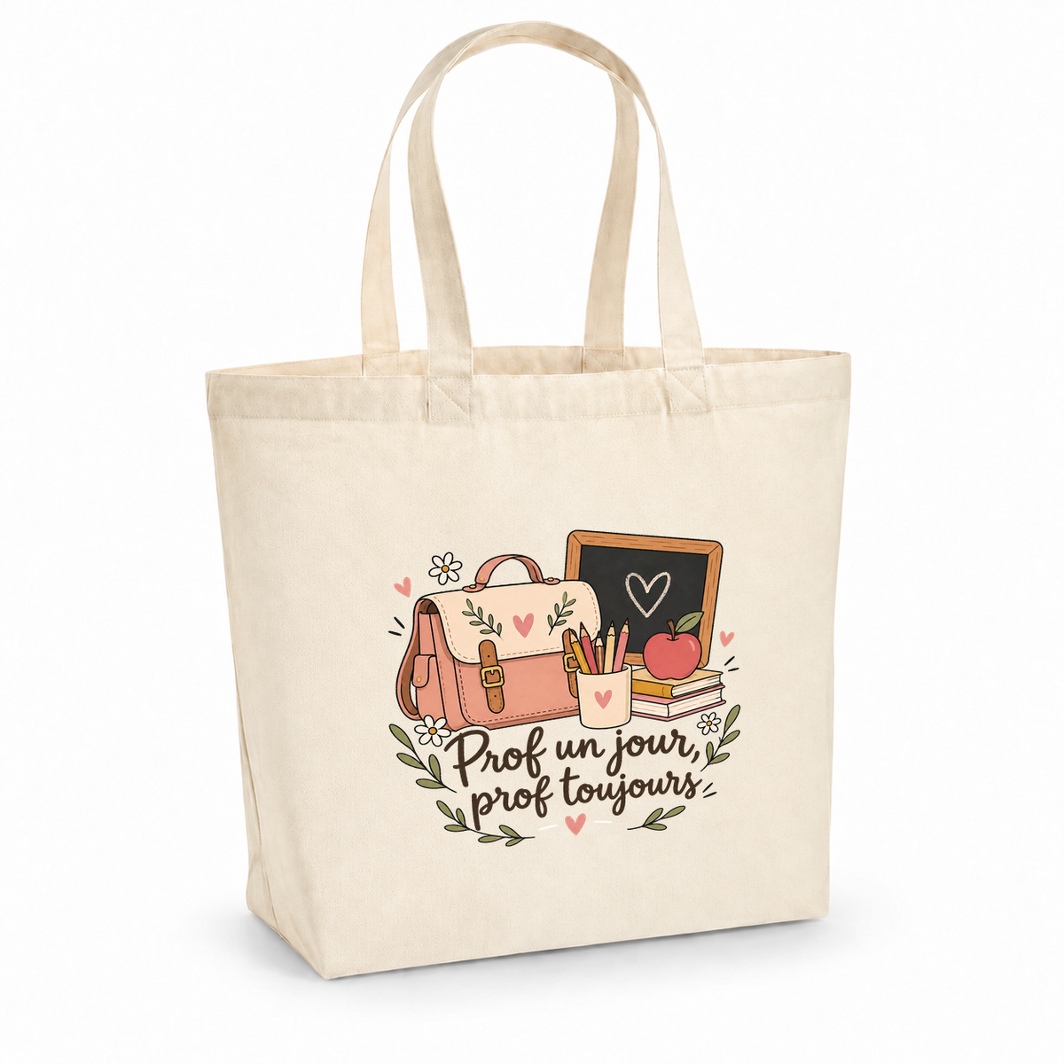 Tote bag professeur « Prof un jour, prof toujours » Premium, cabas à soufflet en coton naturel 200 g/m² de 18 litres, illustration bohème d'un cartable, de crayons de couleur, d'une pomme et d'une petite ardoise